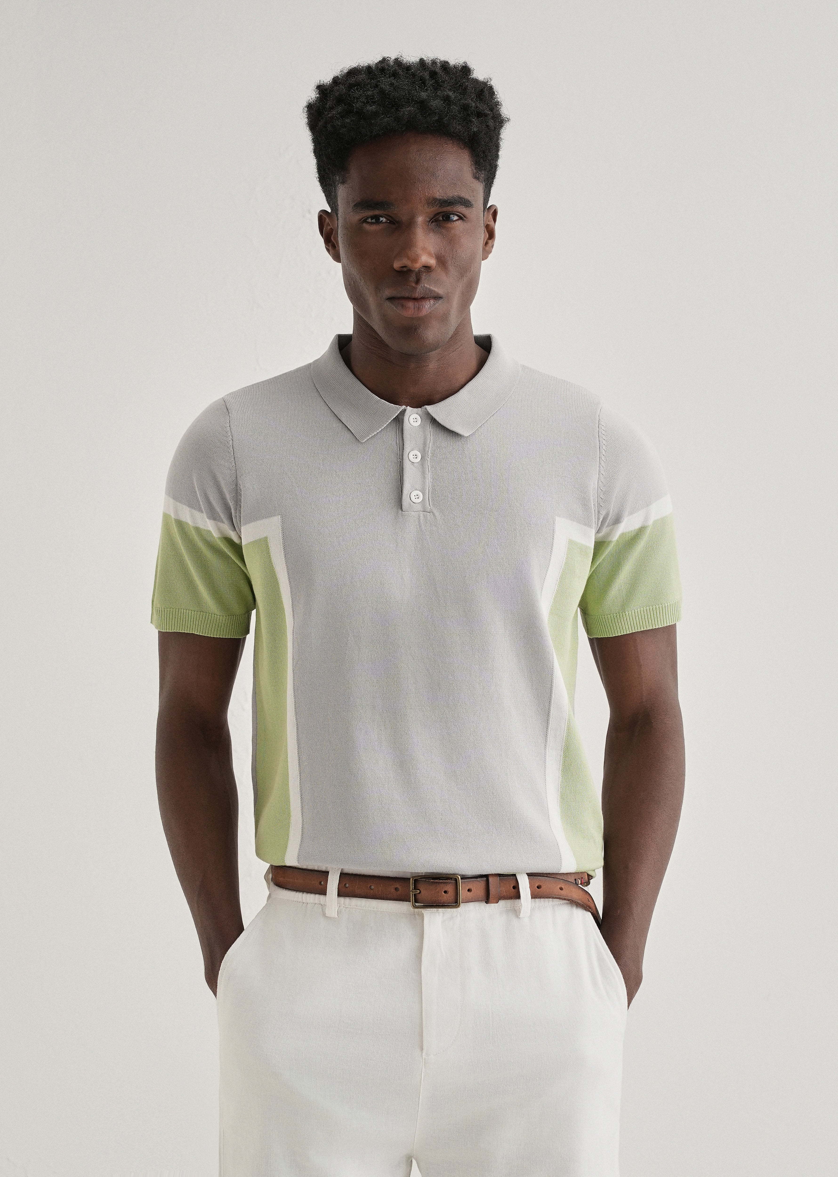 Grey Green Colourblock Polo T-shirt