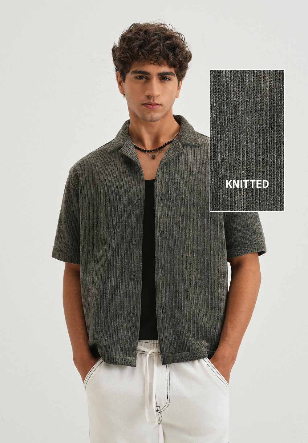 Grey Suede Knit Cuban Collar Shirt