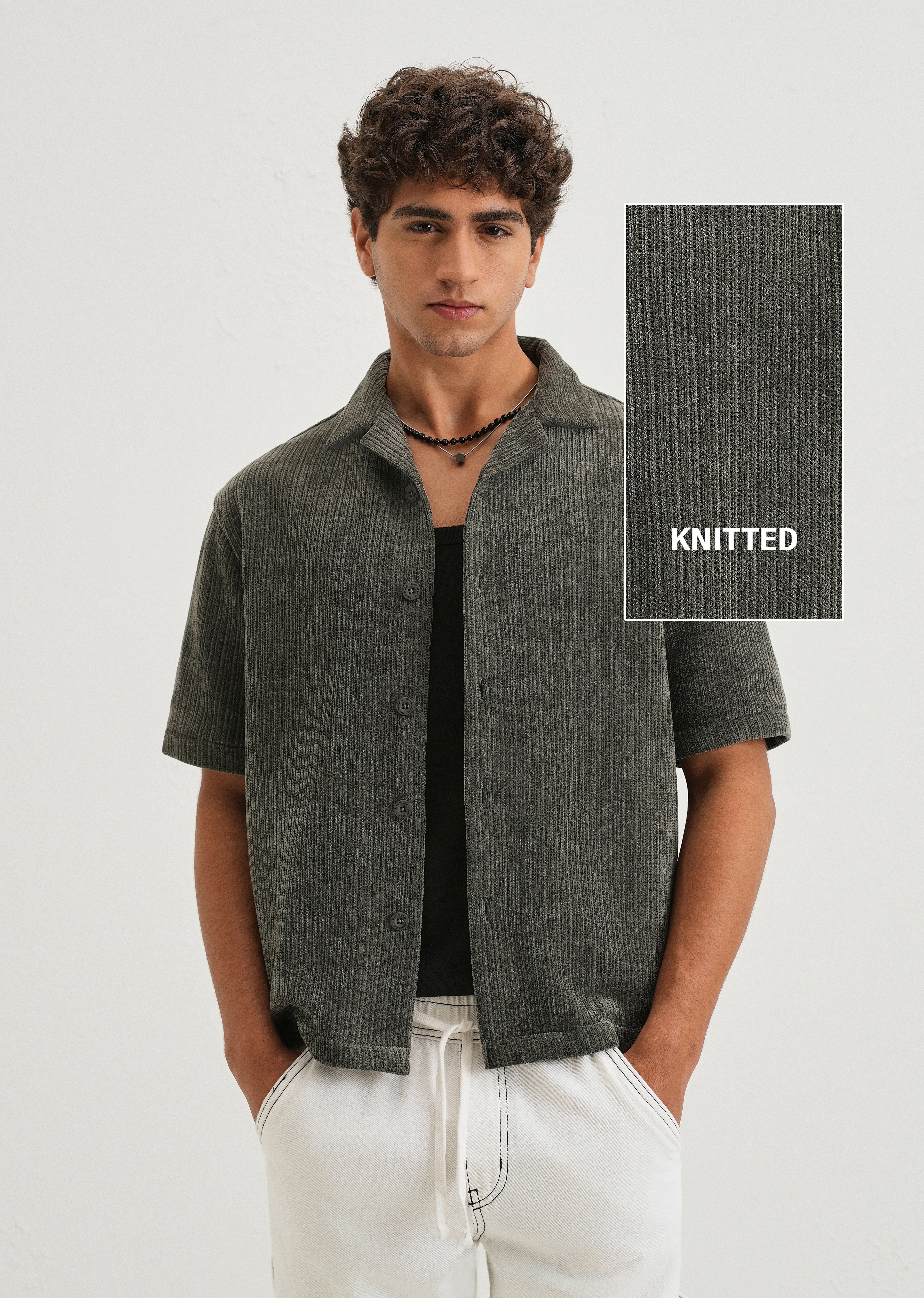 Grey Suede Knit Cuban Collar Shirt