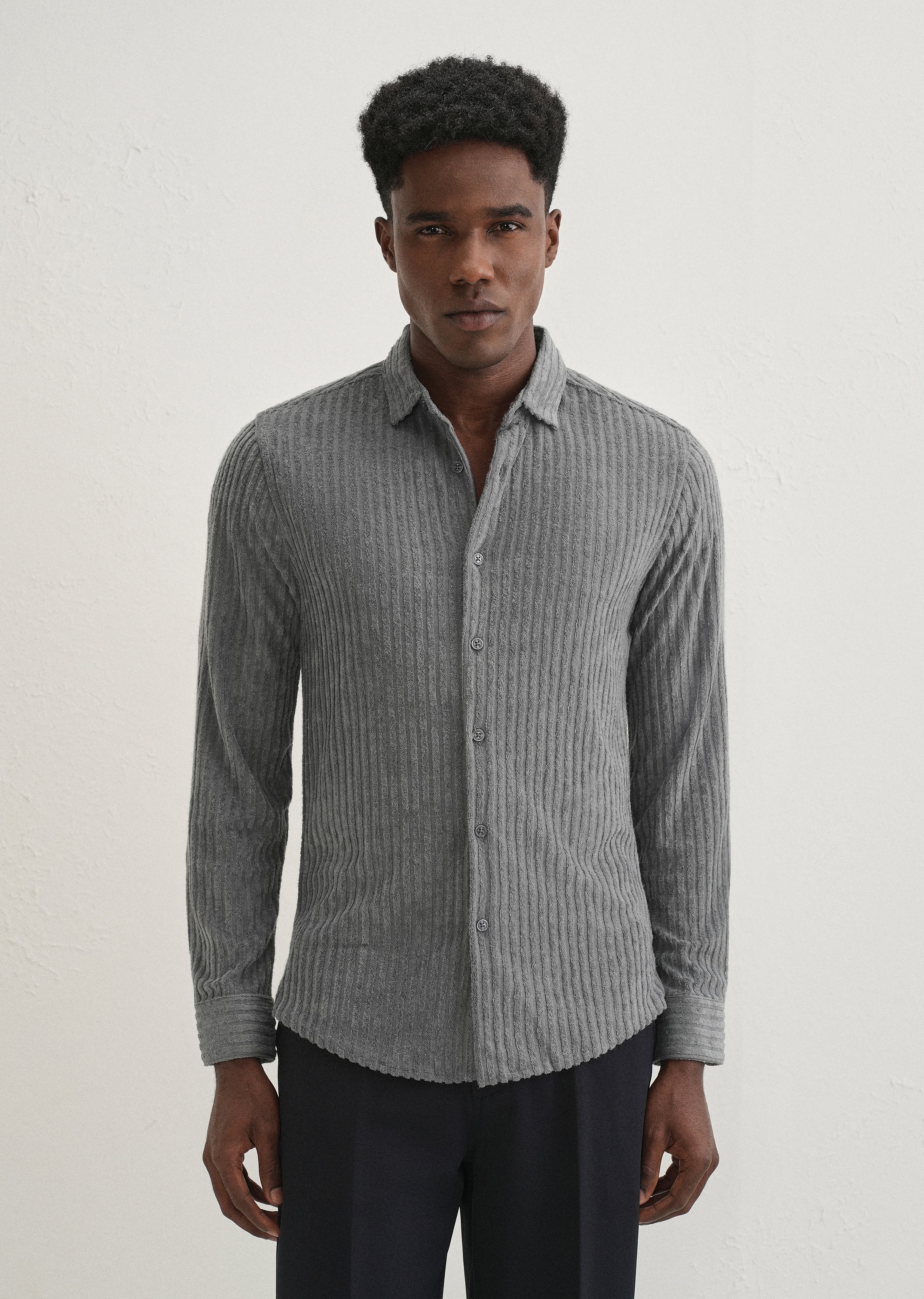 Grey Plain Corduroy Stripe Shirt