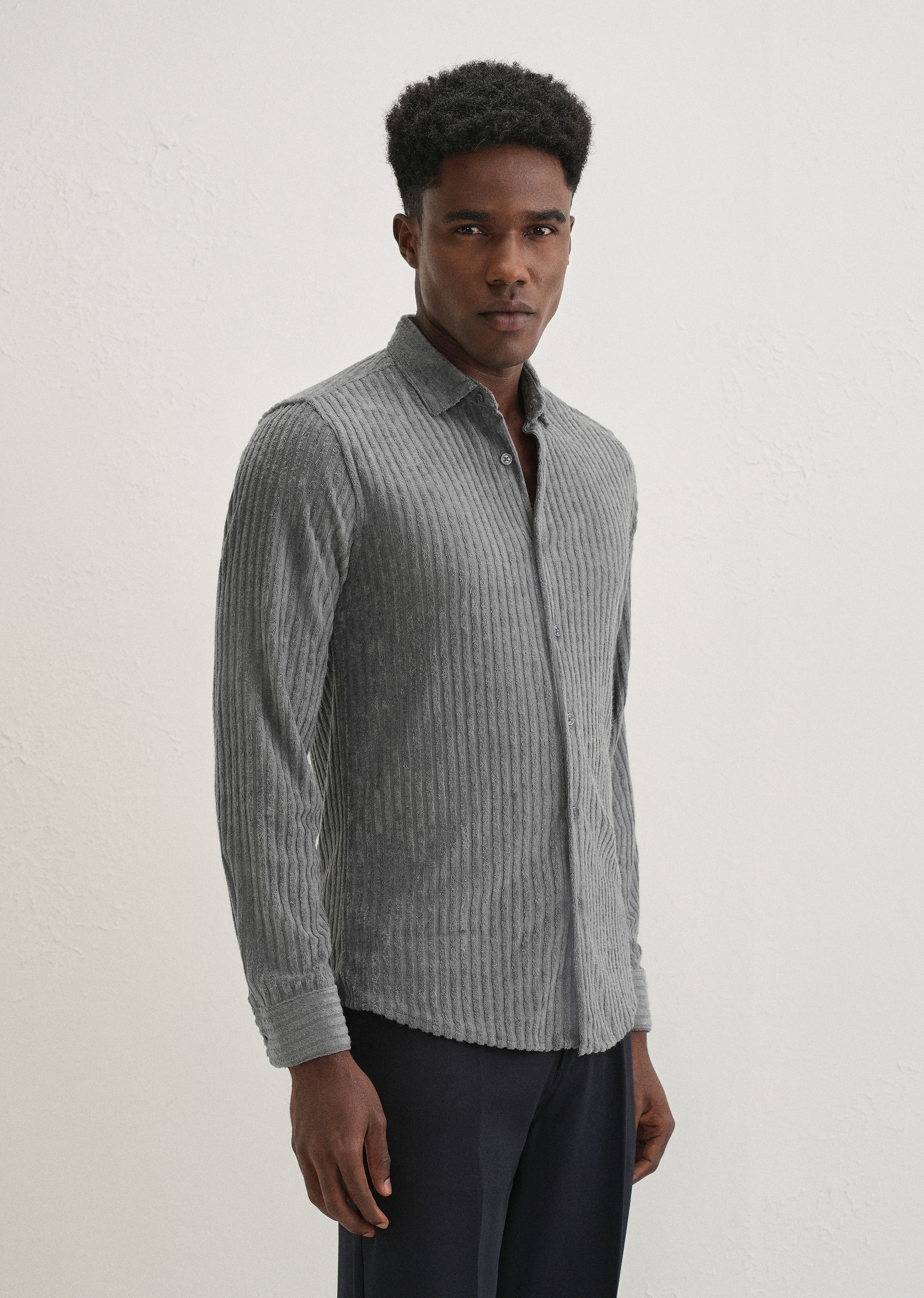 Grey Plain Corduroy Stripe Shirt