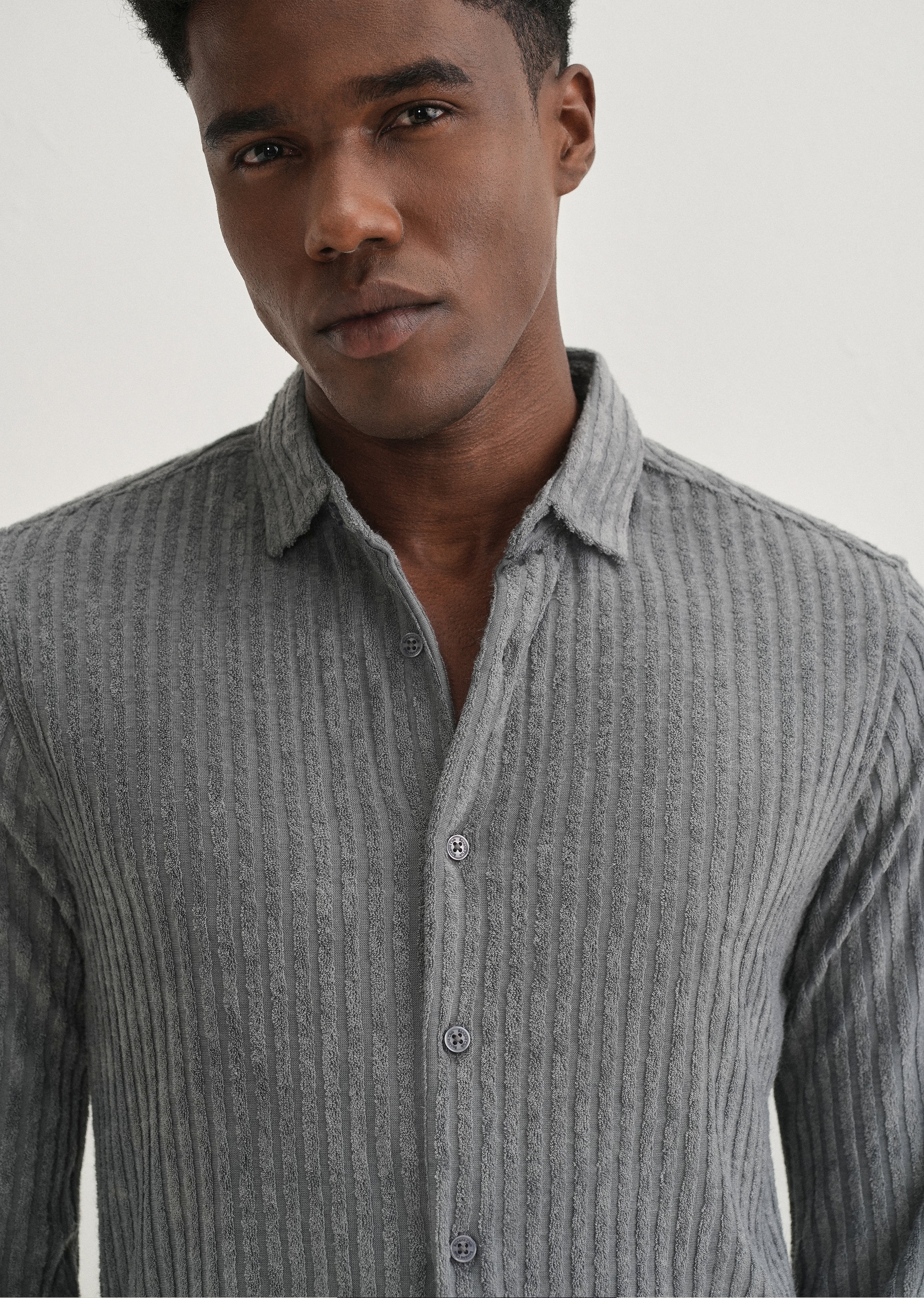 Grey Plain Corduroy Stripe Shirt