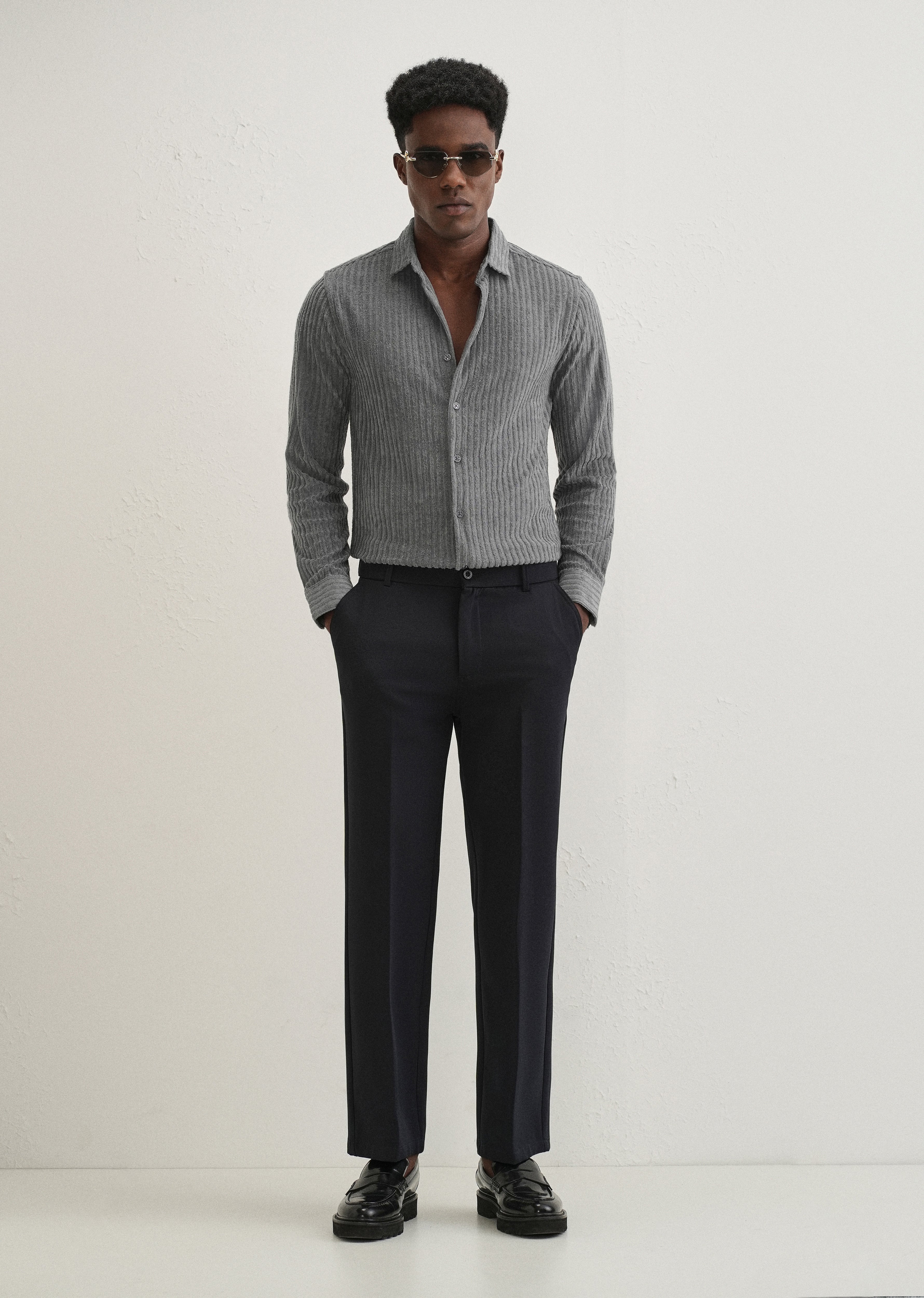 Grey Plain Corduroy Stripe Shirt