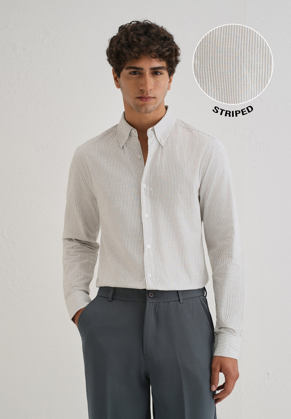 Grey Striped Cotton Linen Shirt