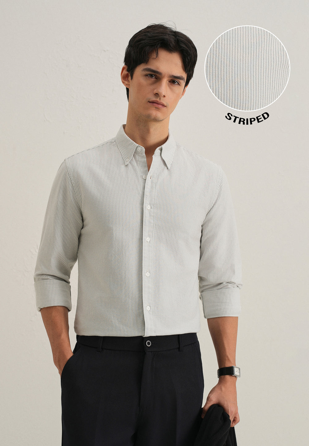 Grey Vertical Striped Cotton Shirt