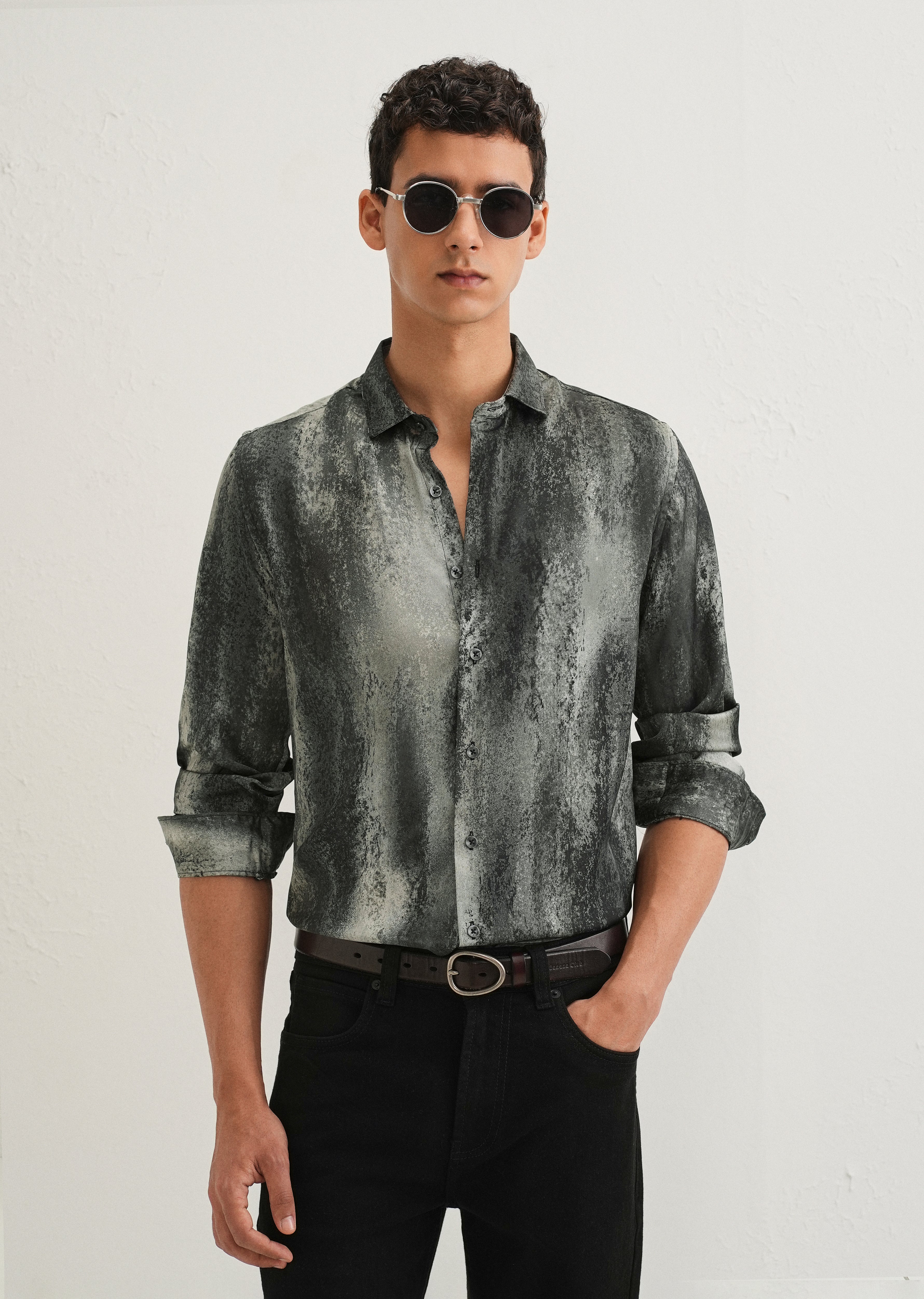 Greyish Green Abstract Printed Shirt