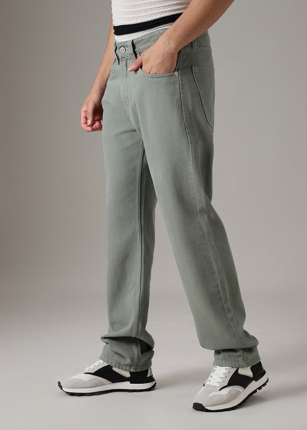 Greyish Green Straight Fit Denim