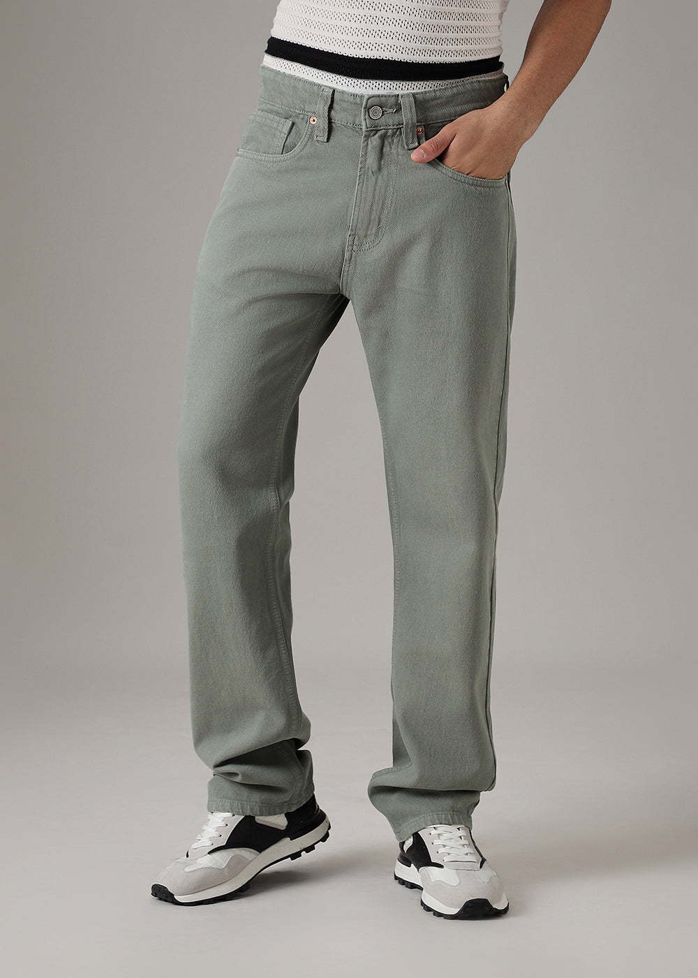 Greyish Green Straight Fit Denim