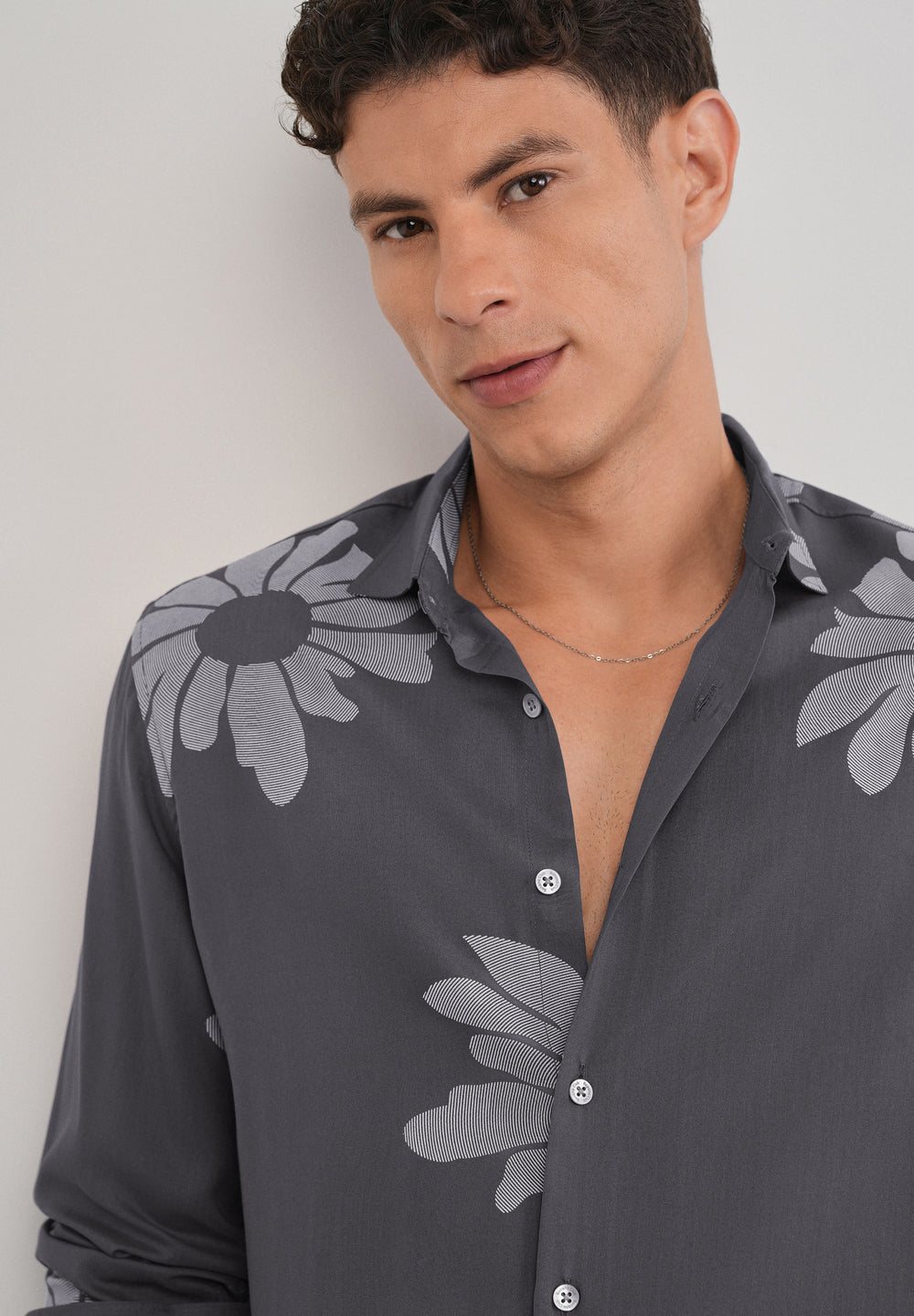 Grey Linear Floral Print Shirt