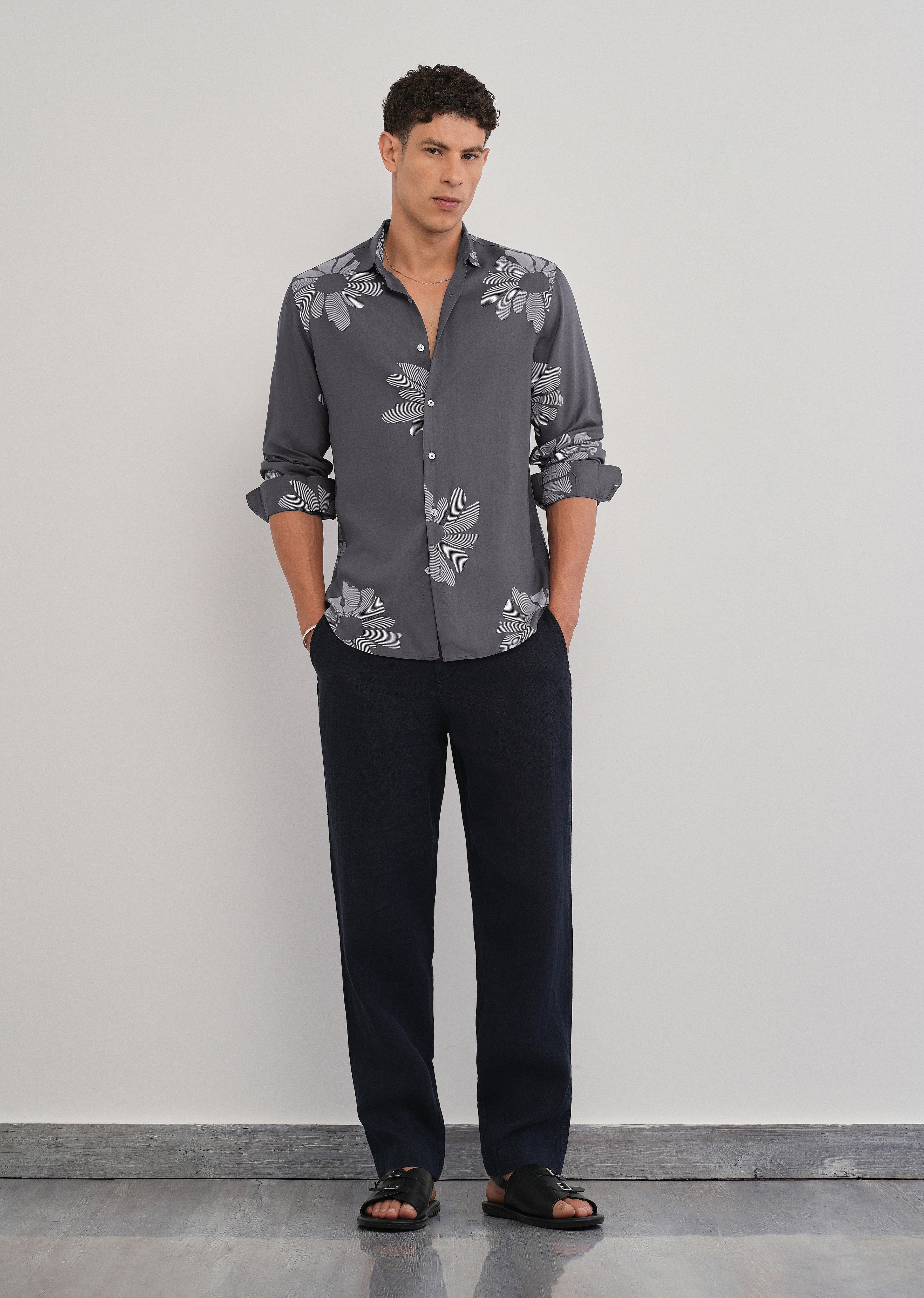 Grey Linear Floral Print Shirt