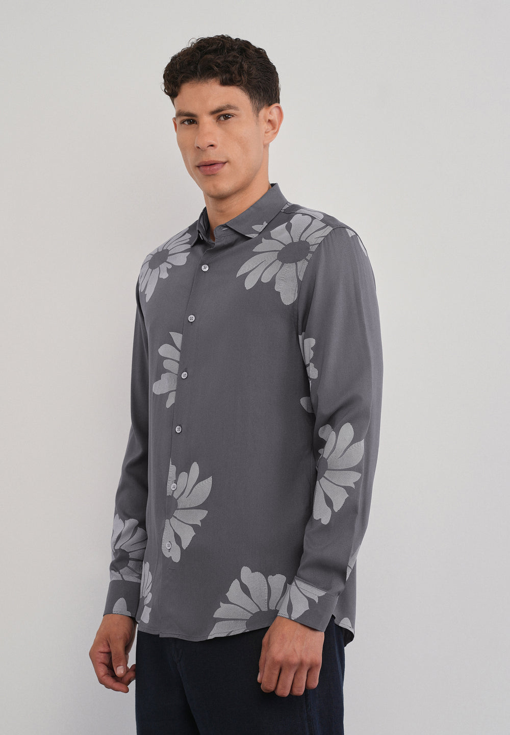 Grey Linear Floral Print Shirt