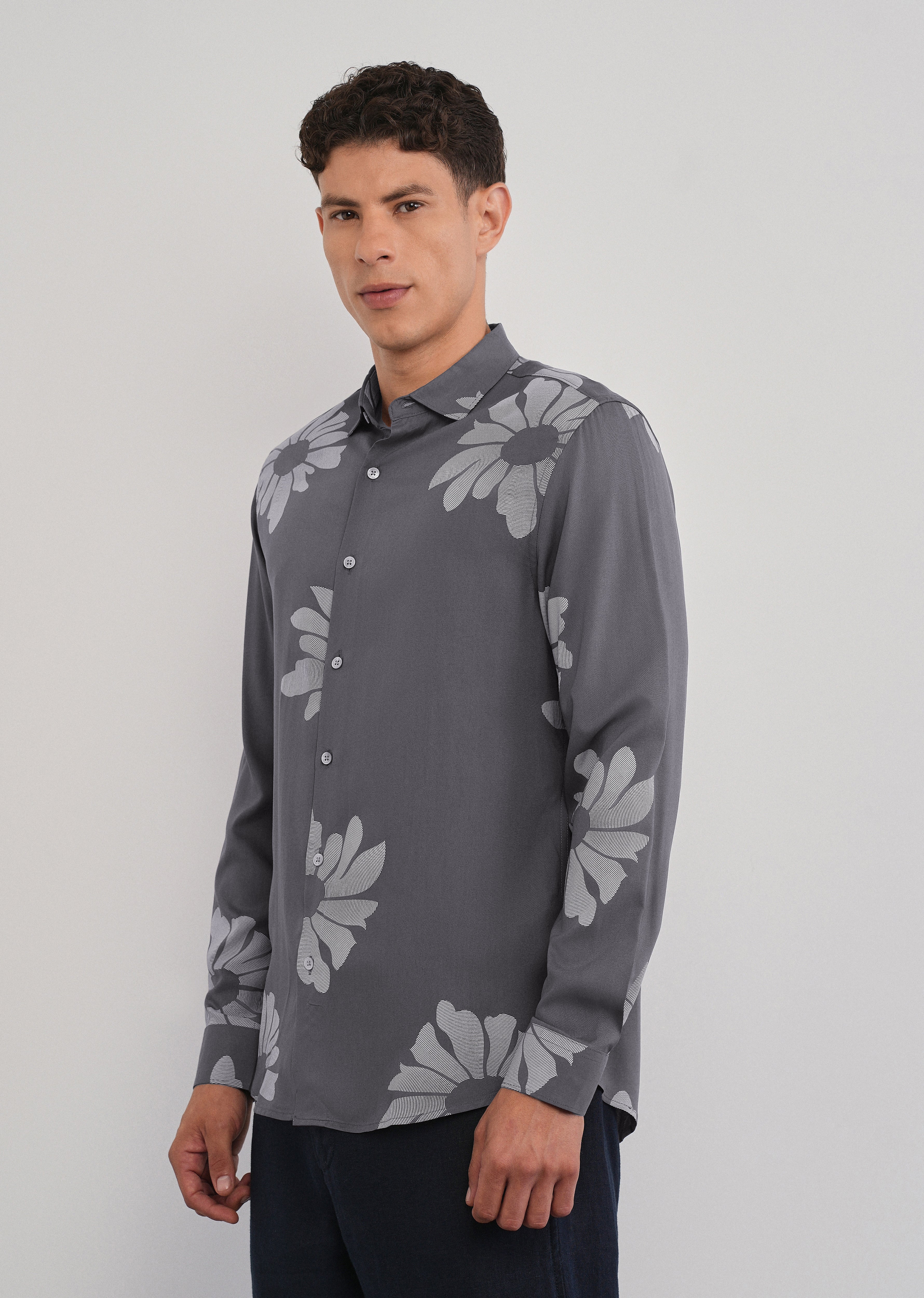 Grey Linear Floral Print Shirt