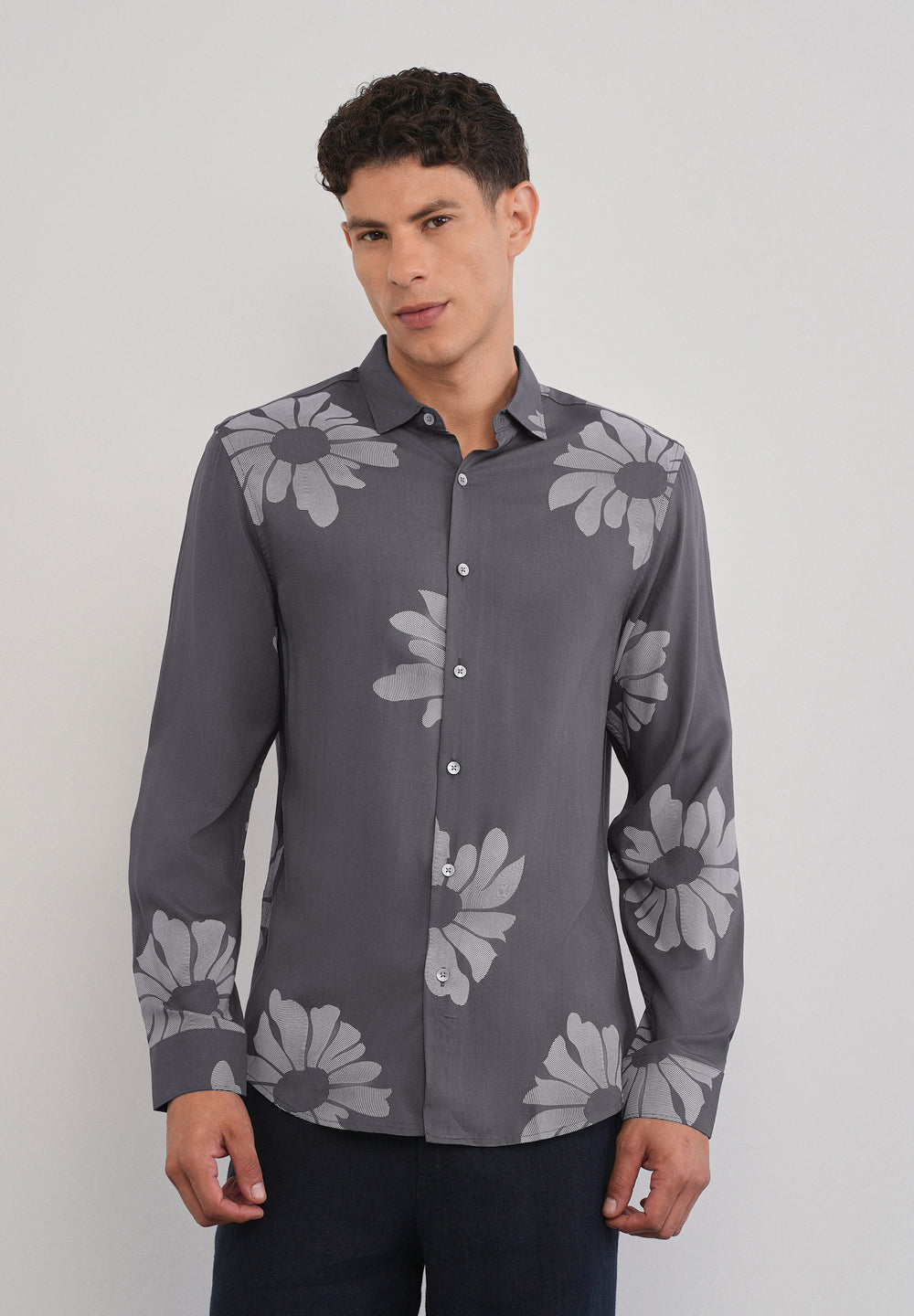 Grey Linear Floral Print Shirt
