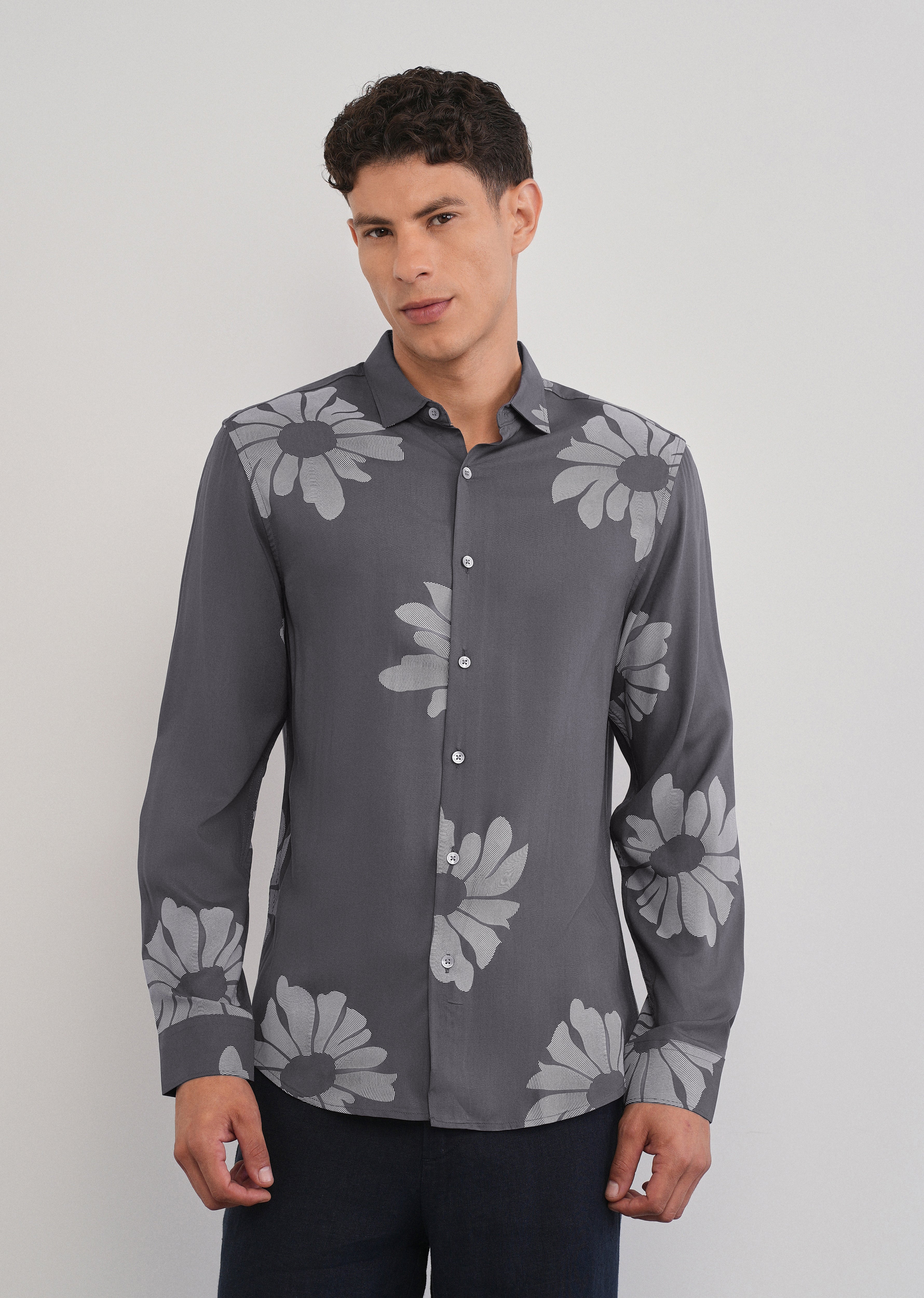 Grey Linear Floral Print Shirt