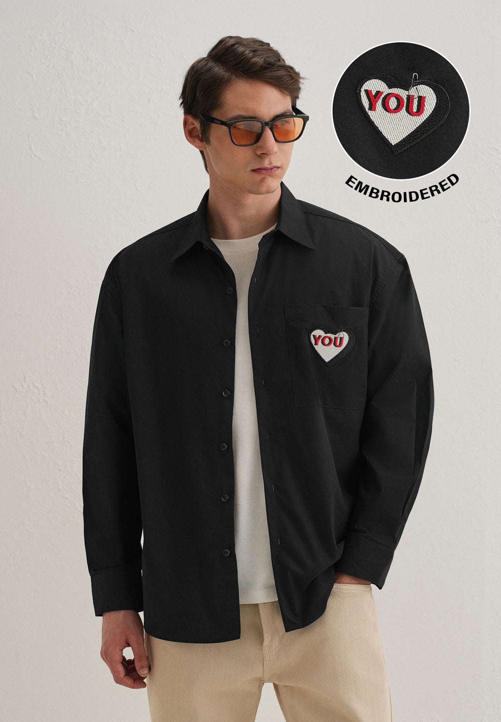 Heart Accent Applique Black Cotton Shirt