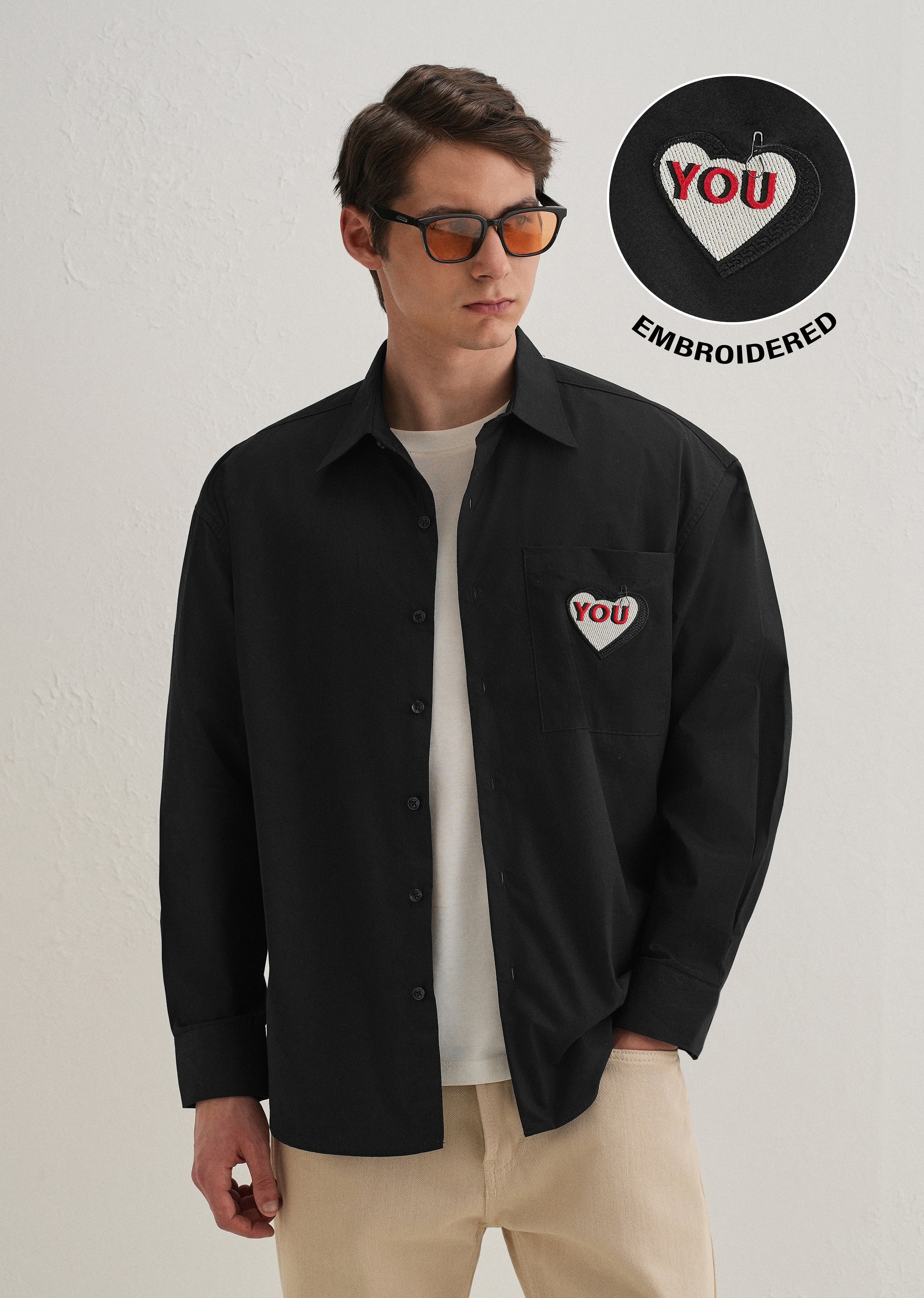 Heart Accent Applique Black Cotton Shirt