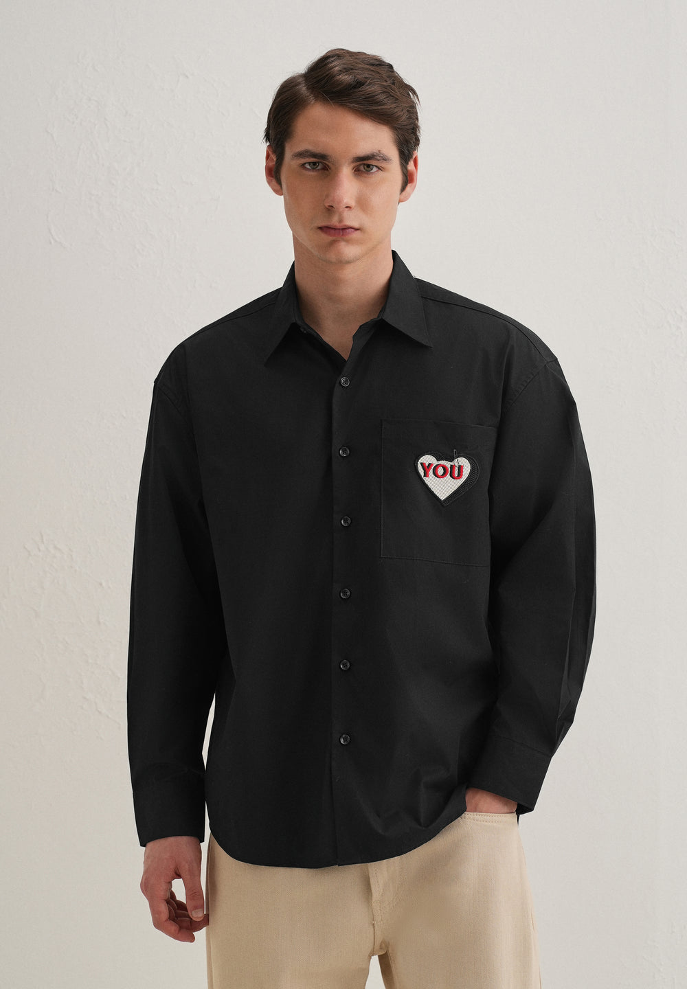 Heart Accent Applique Black Cotton Shirt