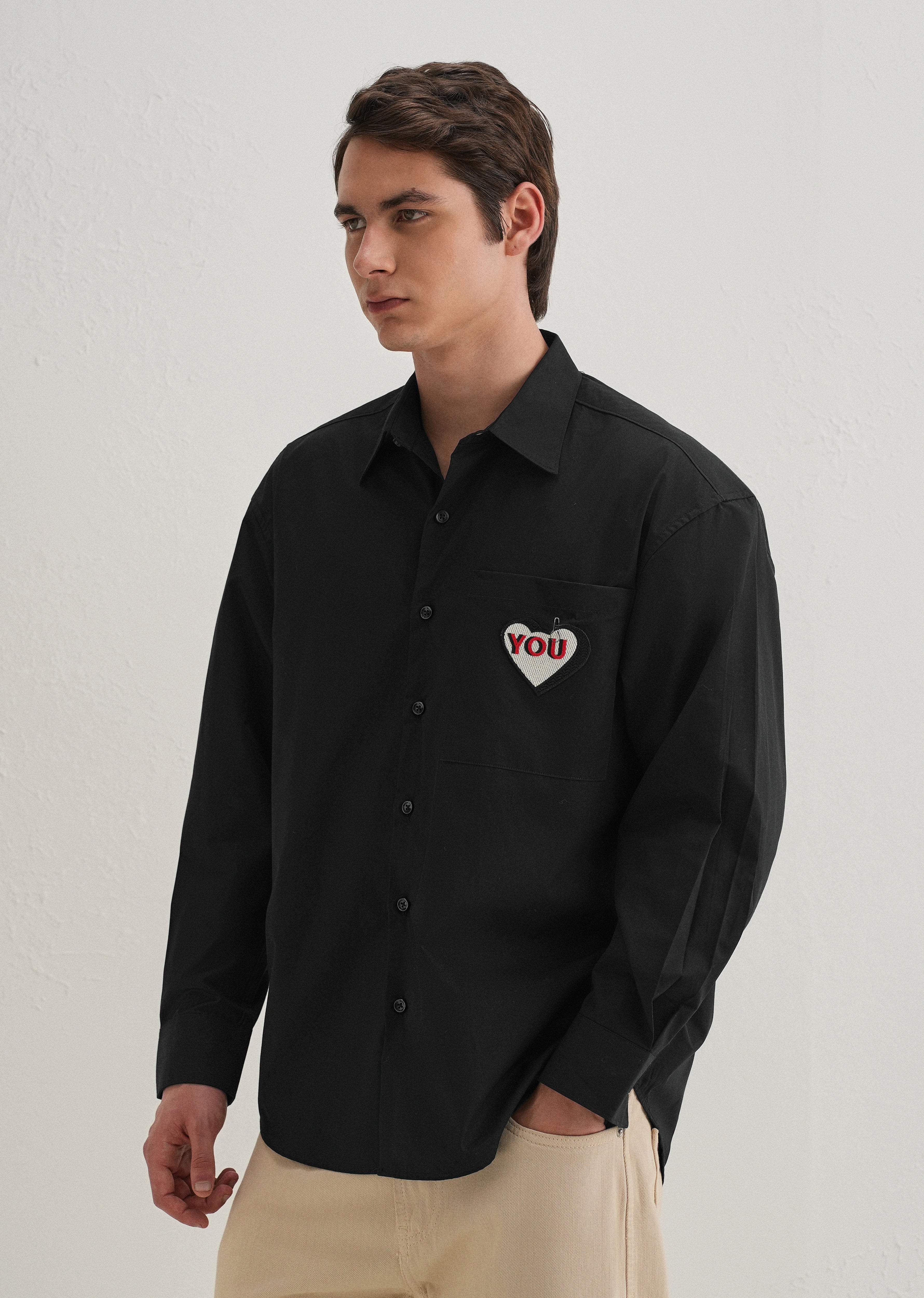Heart Accent Applique Black Cotton Shirt