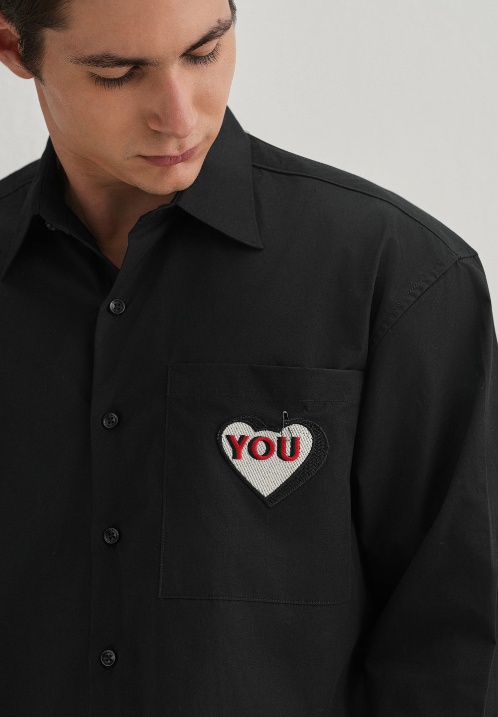 Heart Accent Applique Black Cotton Shirt