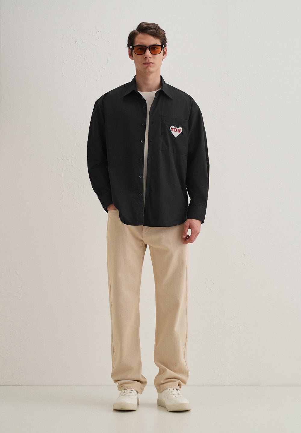 Heart Accent Applique Black Cotton Shirt