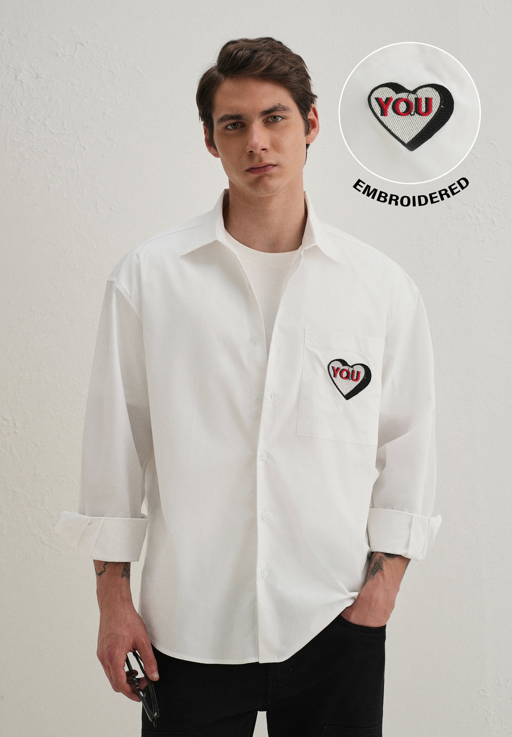 Heart Accent Applique White Cotton Shirt