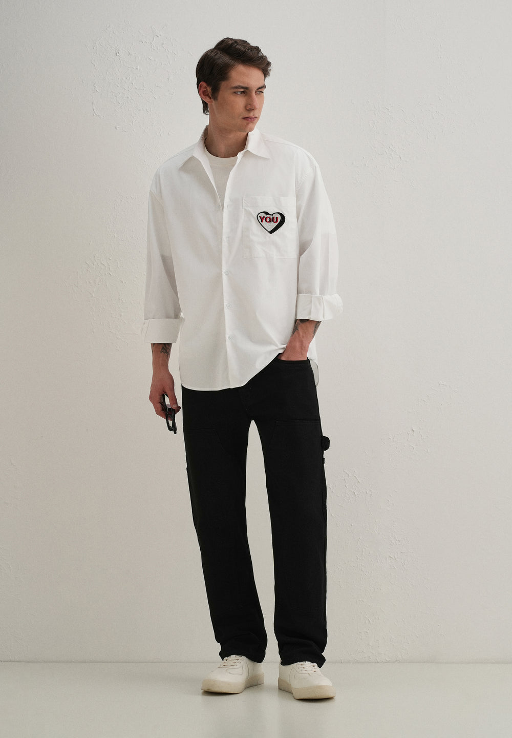 Heart Accent Applique White Cotton Shirt