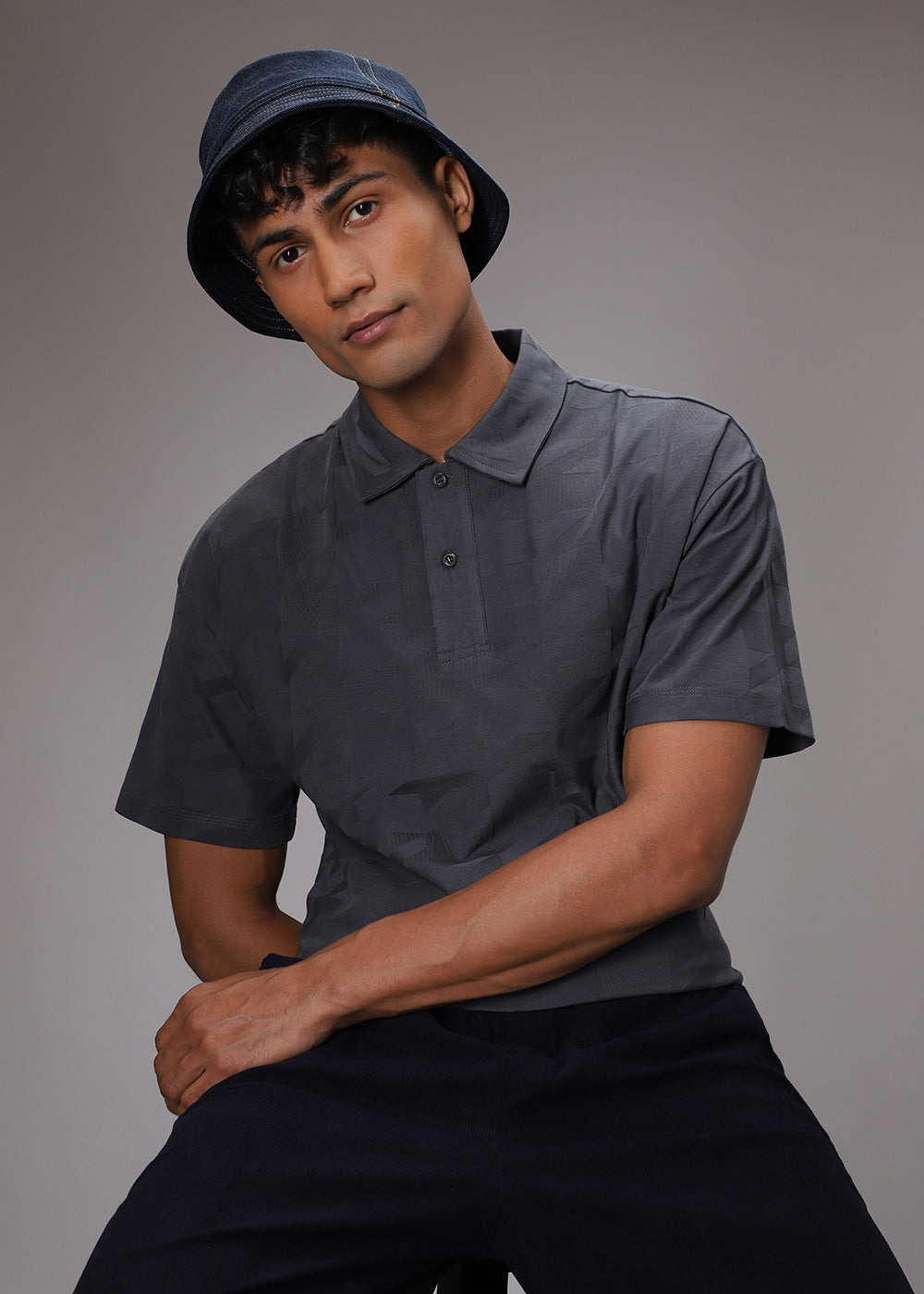 Herringbone Pattern Grey Polo T-shirt