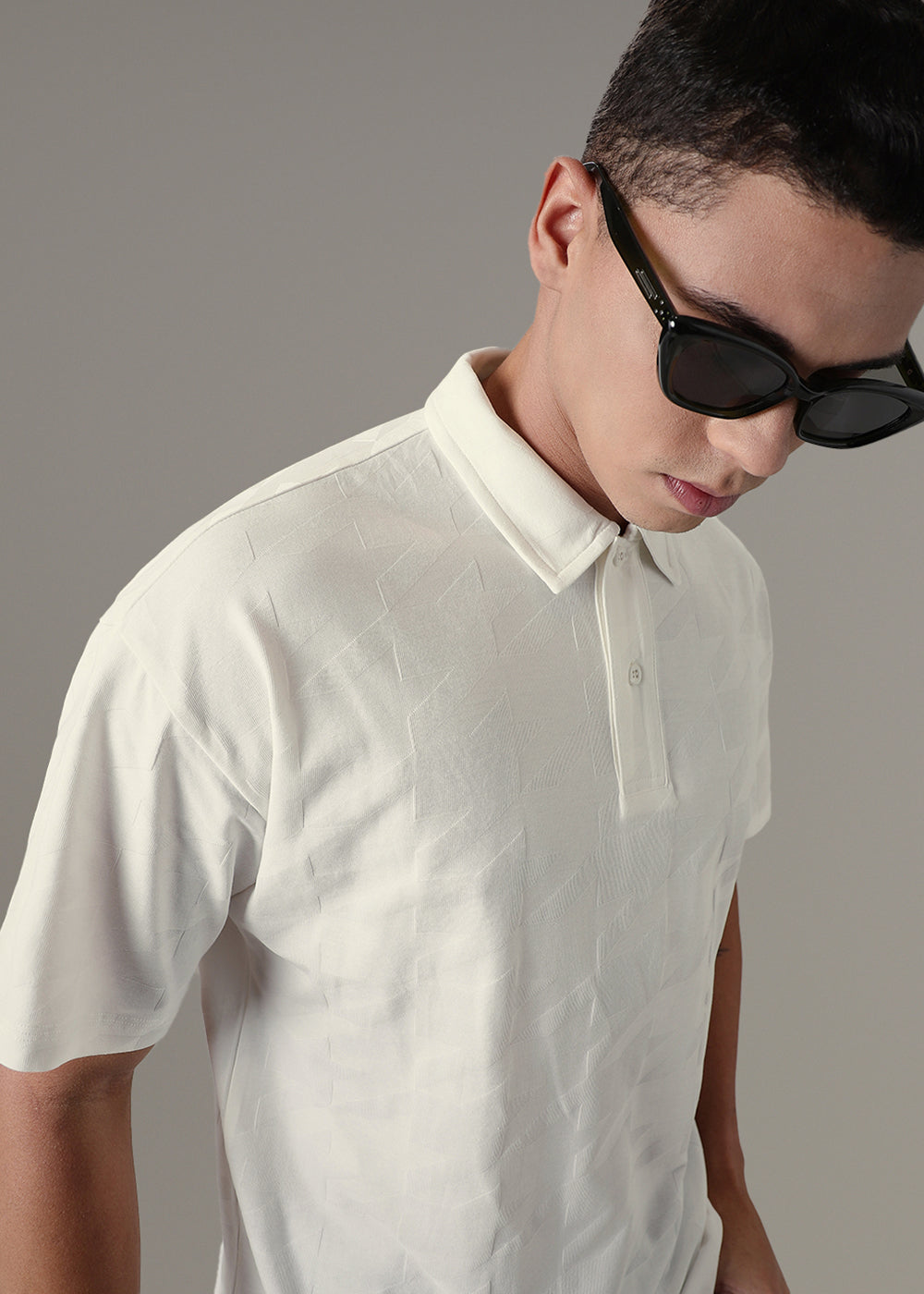 Herringbone Pattern White Polo T-shirt