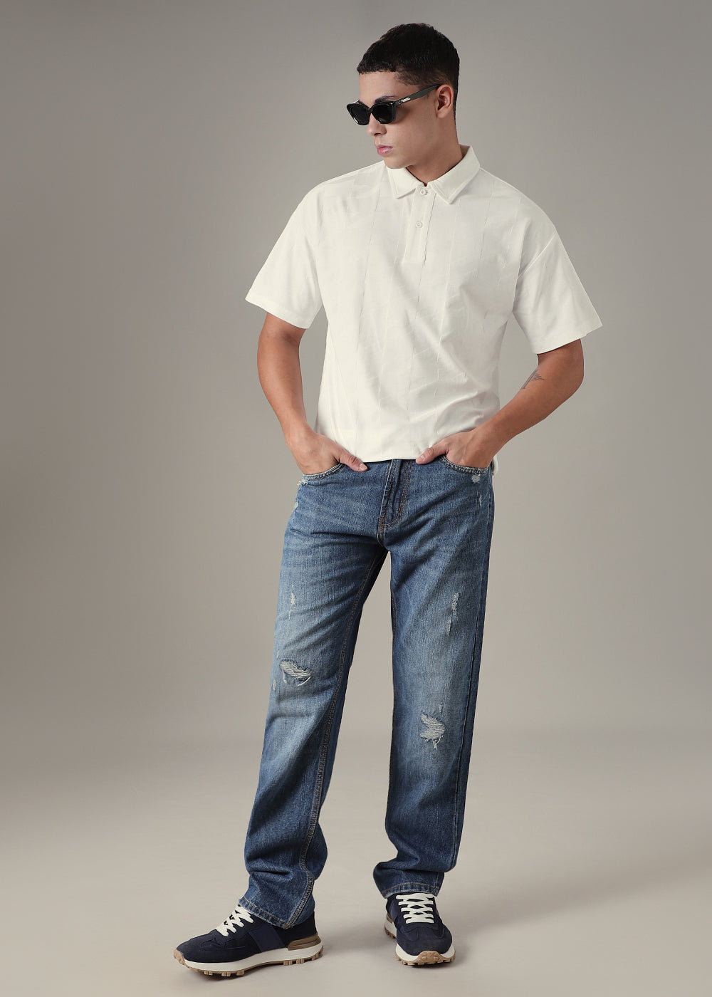 Herringbone Pattern White Polo T-shirt