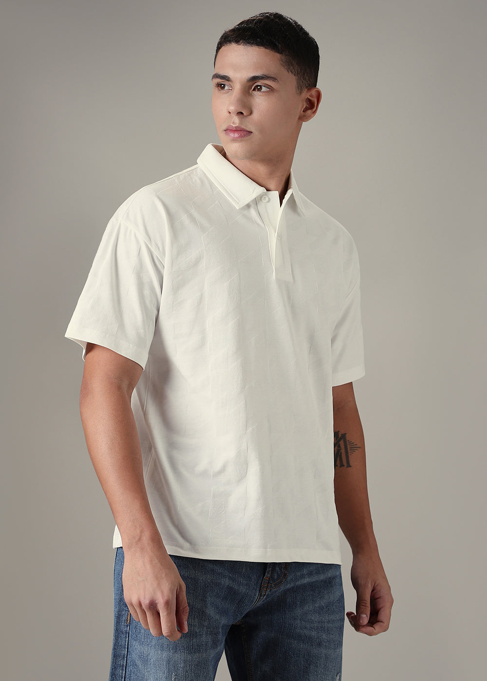 Herringbone Pattern White Polo T-shirt