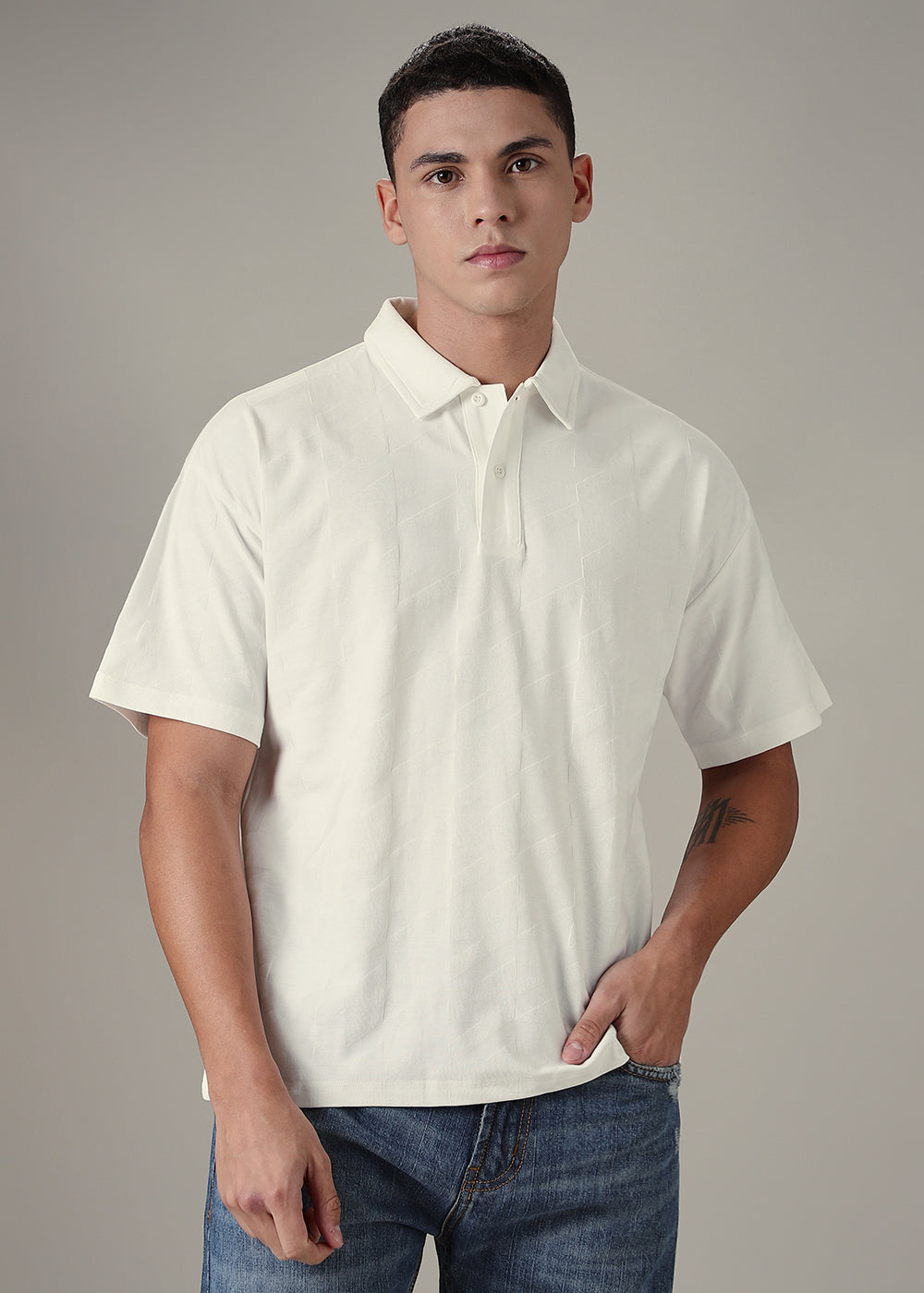 Herringbone Pattern White Polo T-shirt