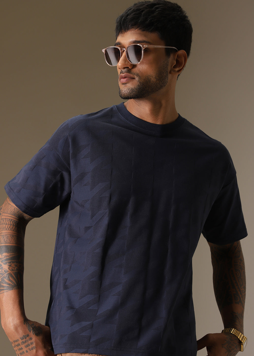 Herringbone Pattern Blue Oversized T-Shirt