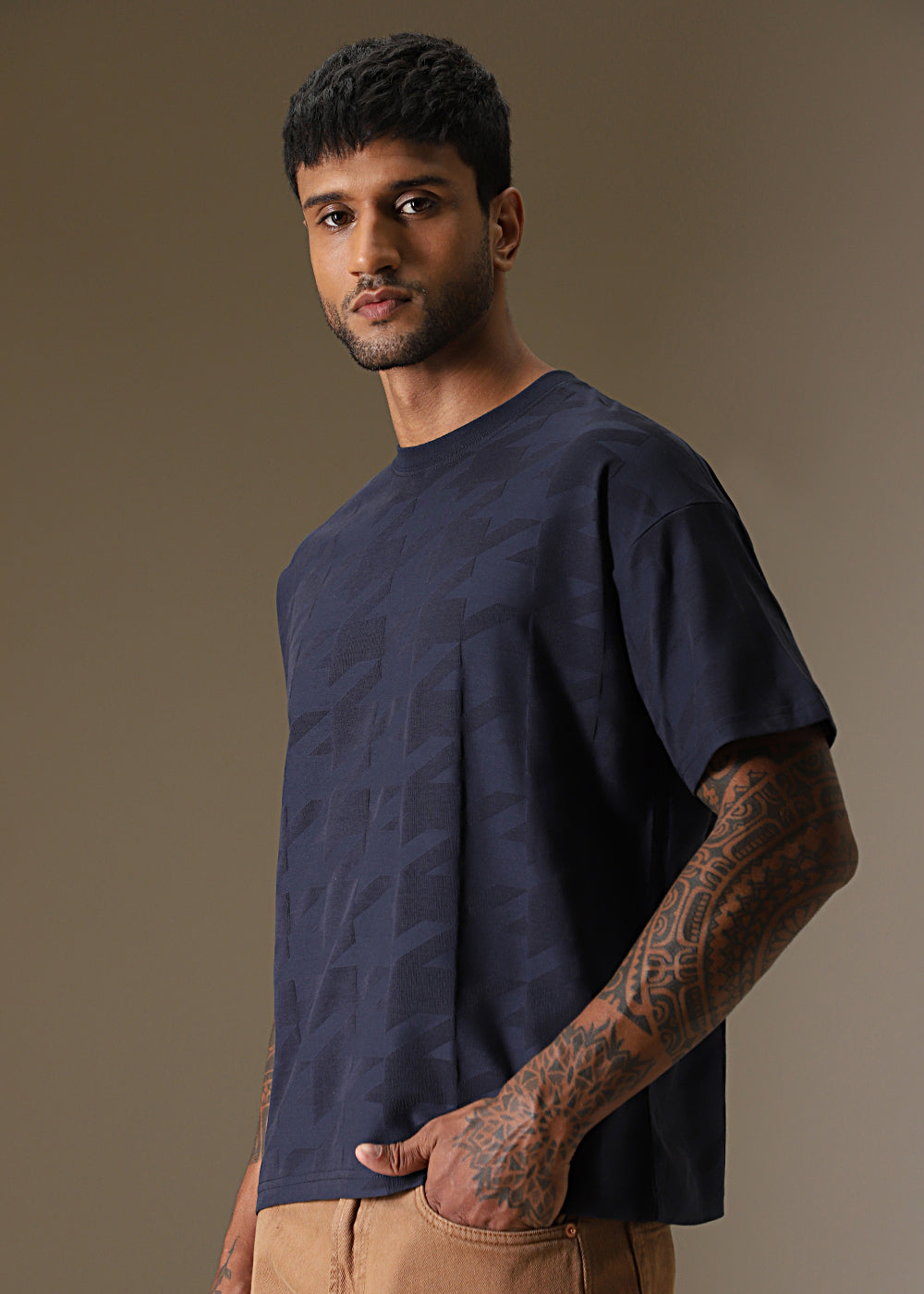 Herringbone Pattern Blue Oversized T-Shirt