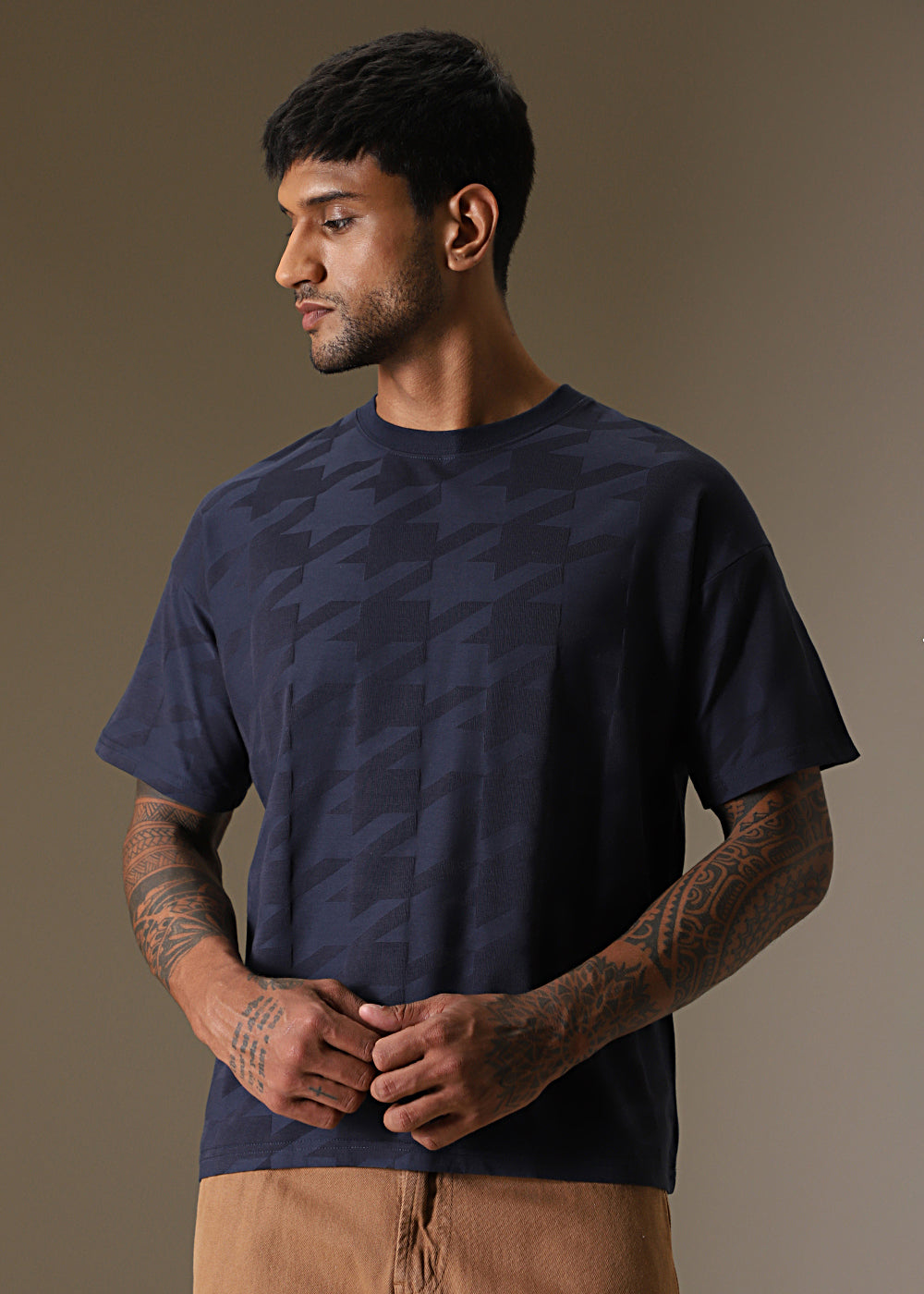 Herringbone Pattern Blue Oversized T-Shirt