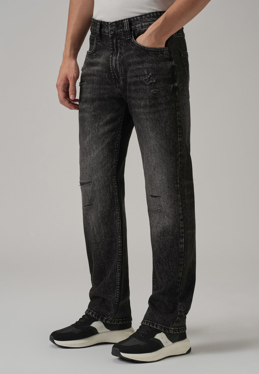 High Fade Ripped Black Straight Fit Jeans