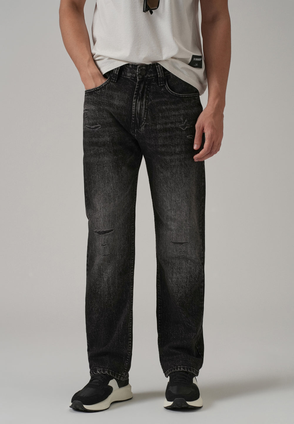 High Fade Ripped Black Straight Fit Jeans