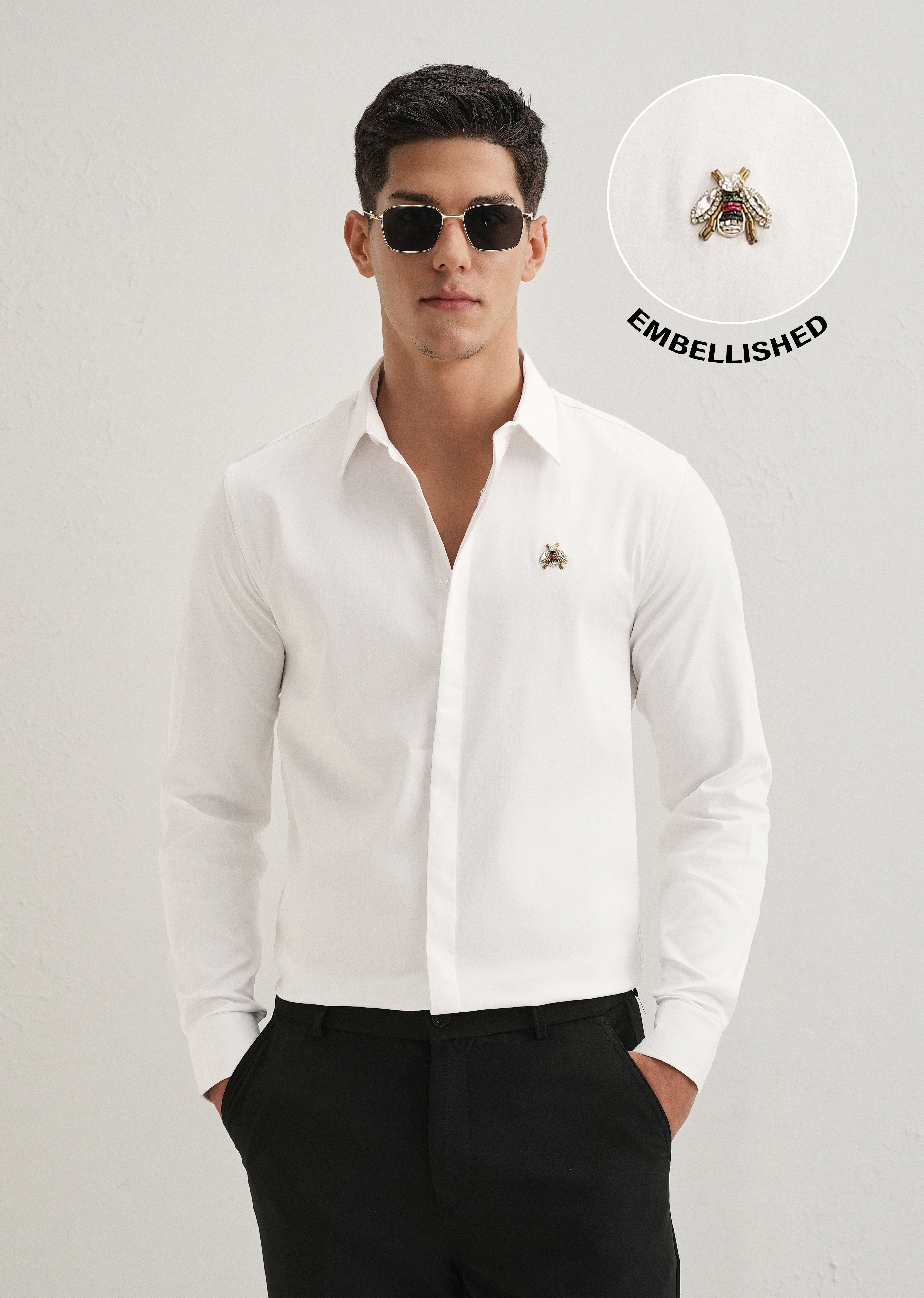 Honey Bee Embellished White Designer Shirt