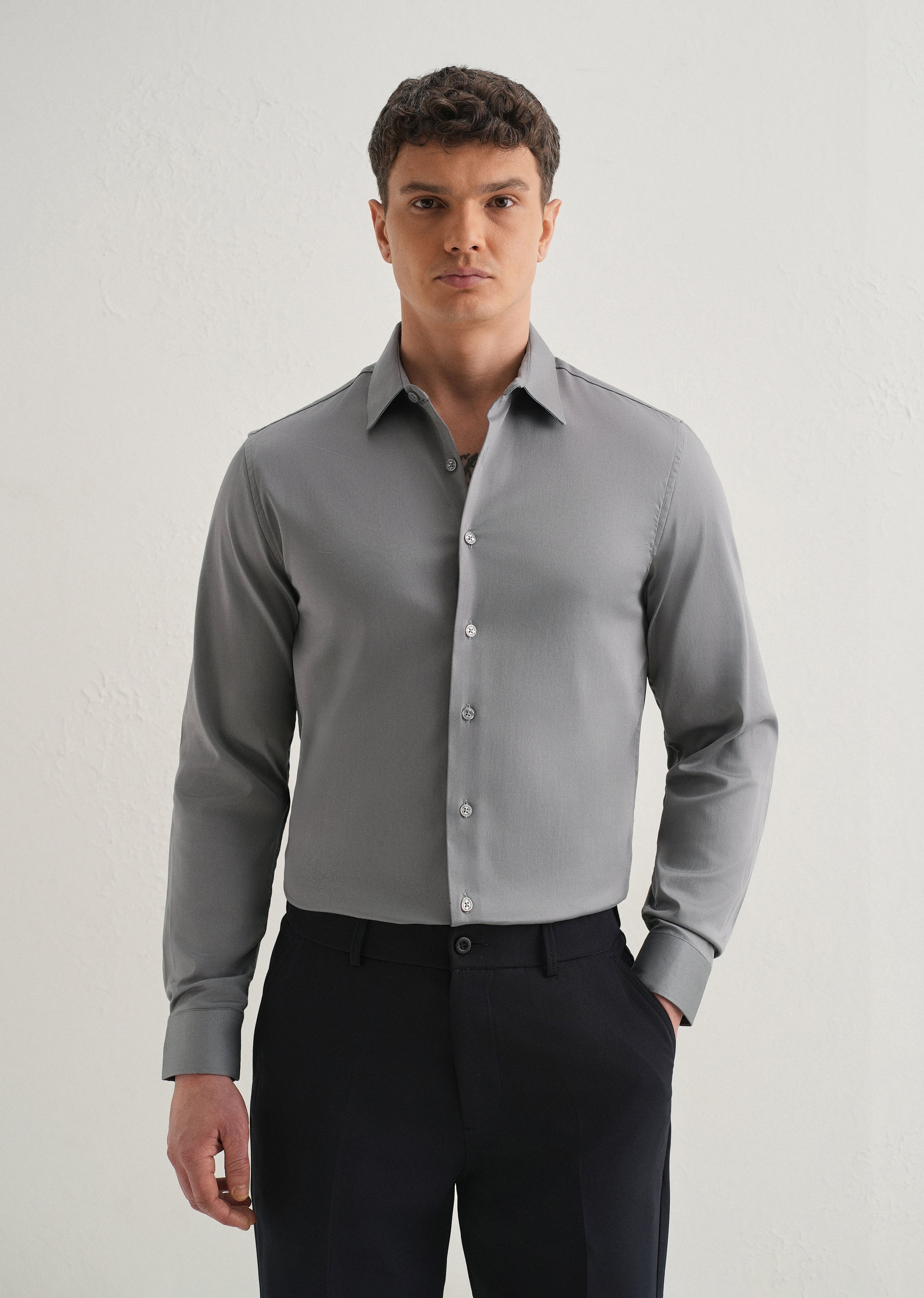 Hybrid Gray Plain Satin Shirt