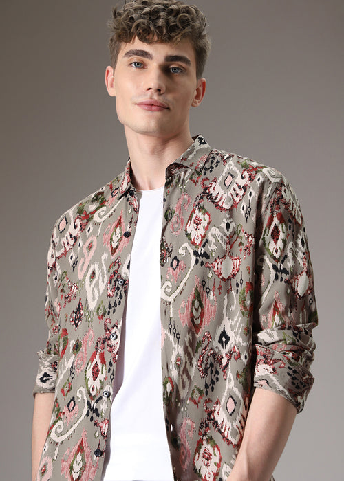 Ikat Tan Beige Feather Shirt