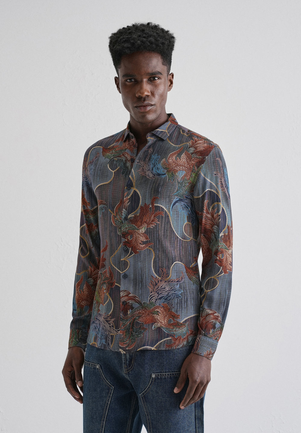 Indigenous Orange Print Feather Shirt
