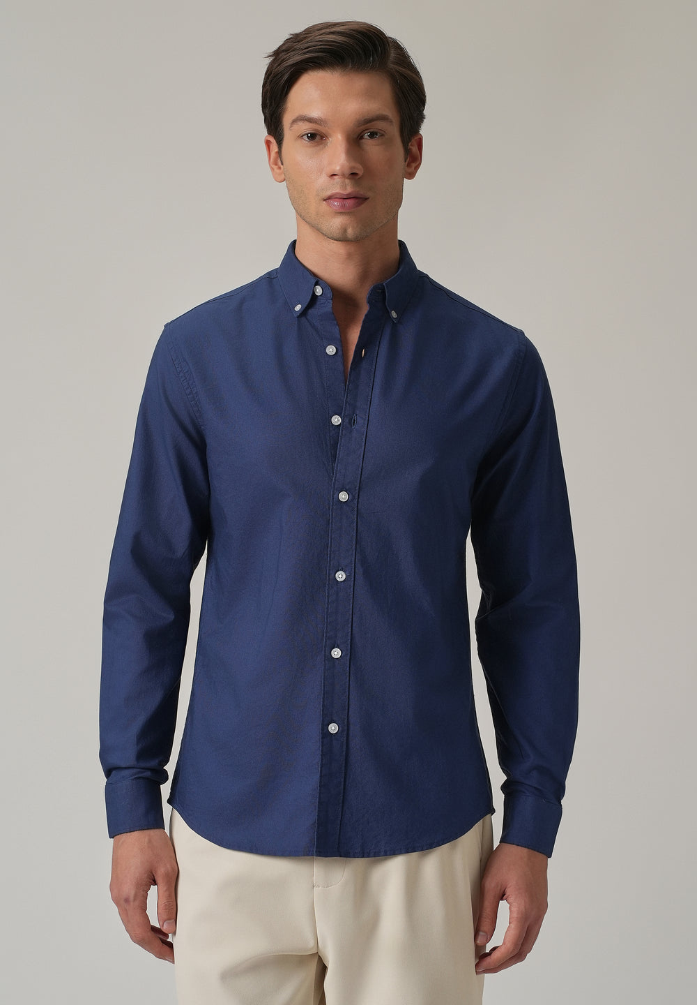 Indigo Blue Plain Elbow Patch Oxford Shirt