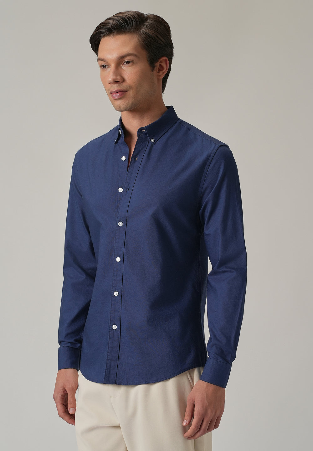 Indigo Blue Plain Elbow Patch Oxford Shirt