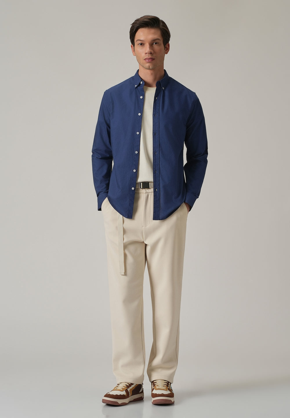 Indigo Blue Plain Elbow Patch Oxford Shirt