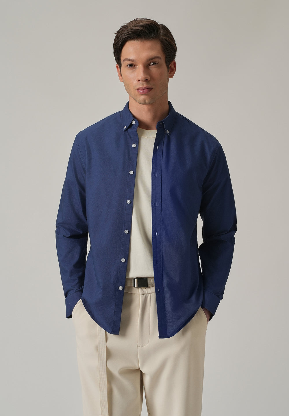Indigo Blue Plain Elbow Patch Oxford Shirt