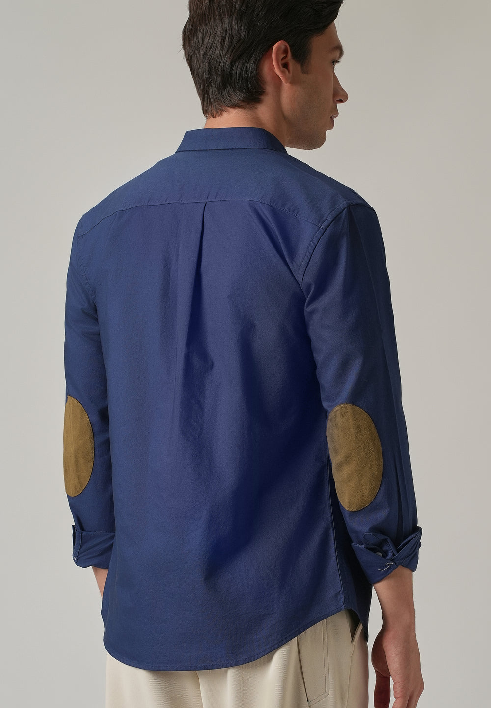 Indigo Blue Plain Elbow Patch Oxford Shirt