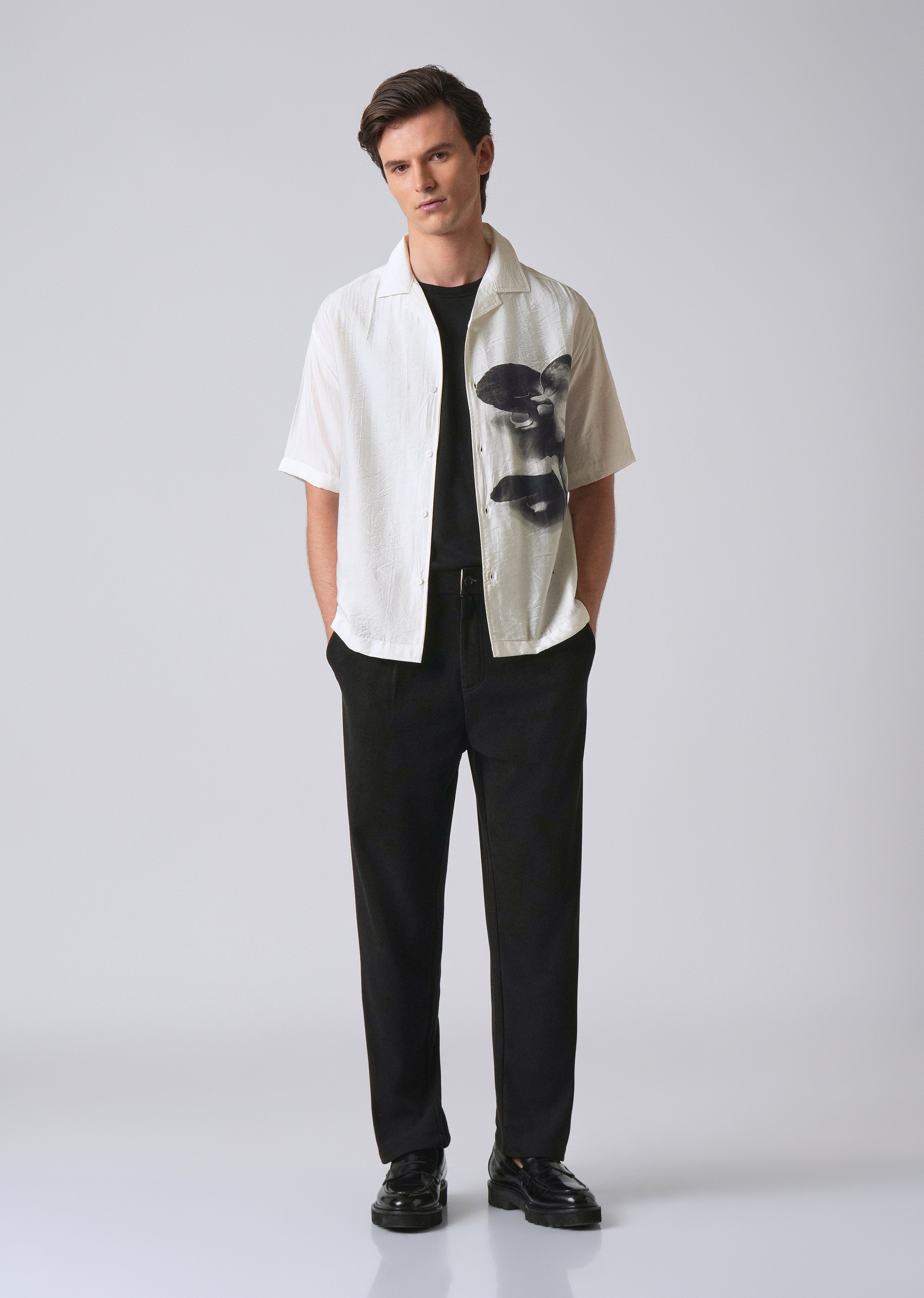 White Ink Wash Floral Print Shirt