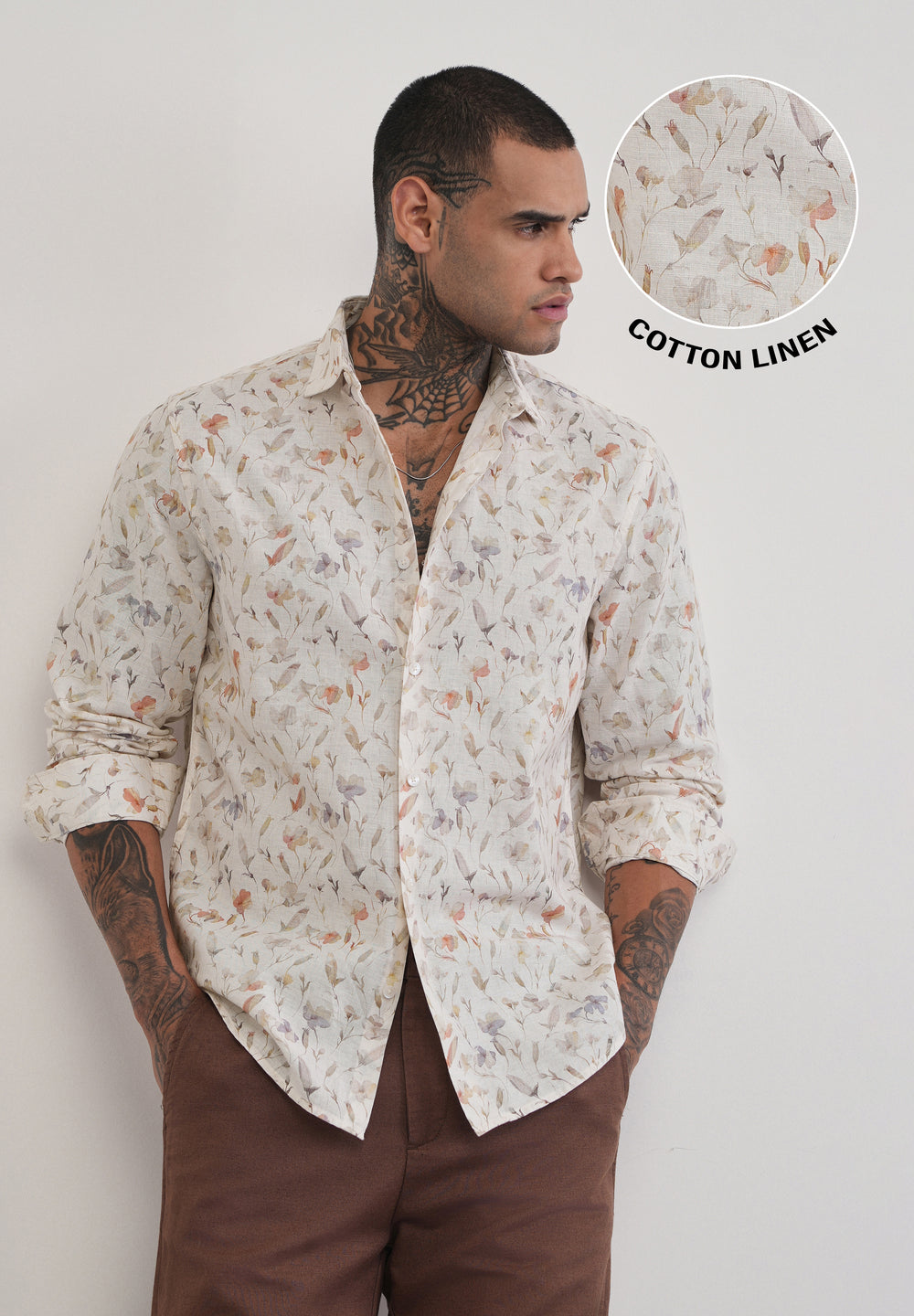 Ivory Botanical Print Cotton Linen Shirt