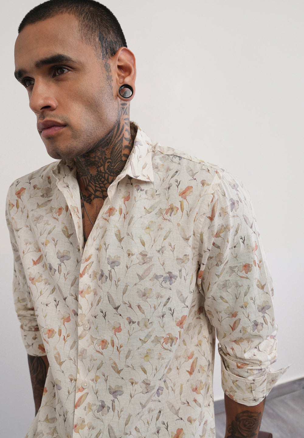 Ivory Botanical Print Cotton Linen Shirt