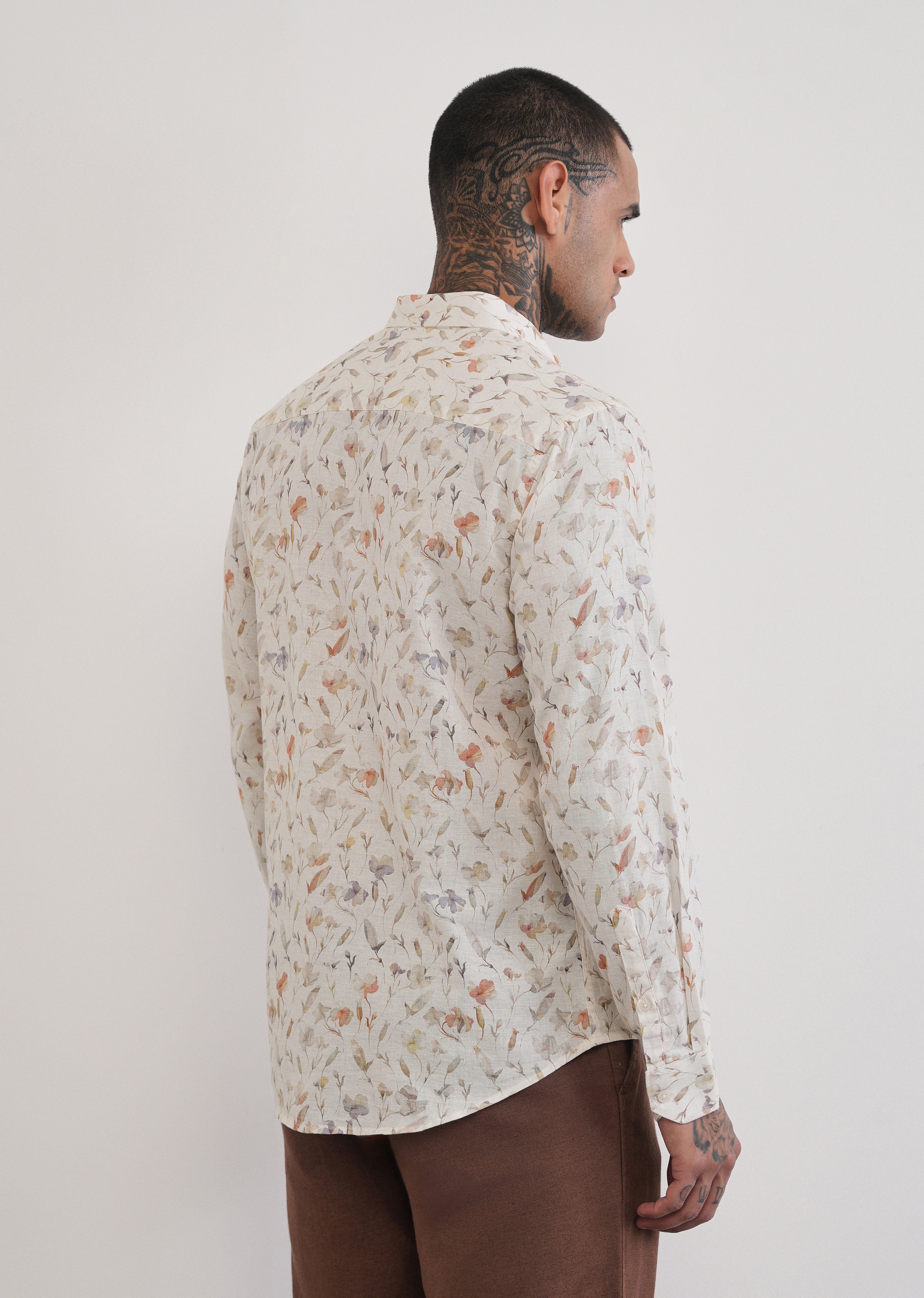 Ivory Botanical Print Cotton Linen Shirt