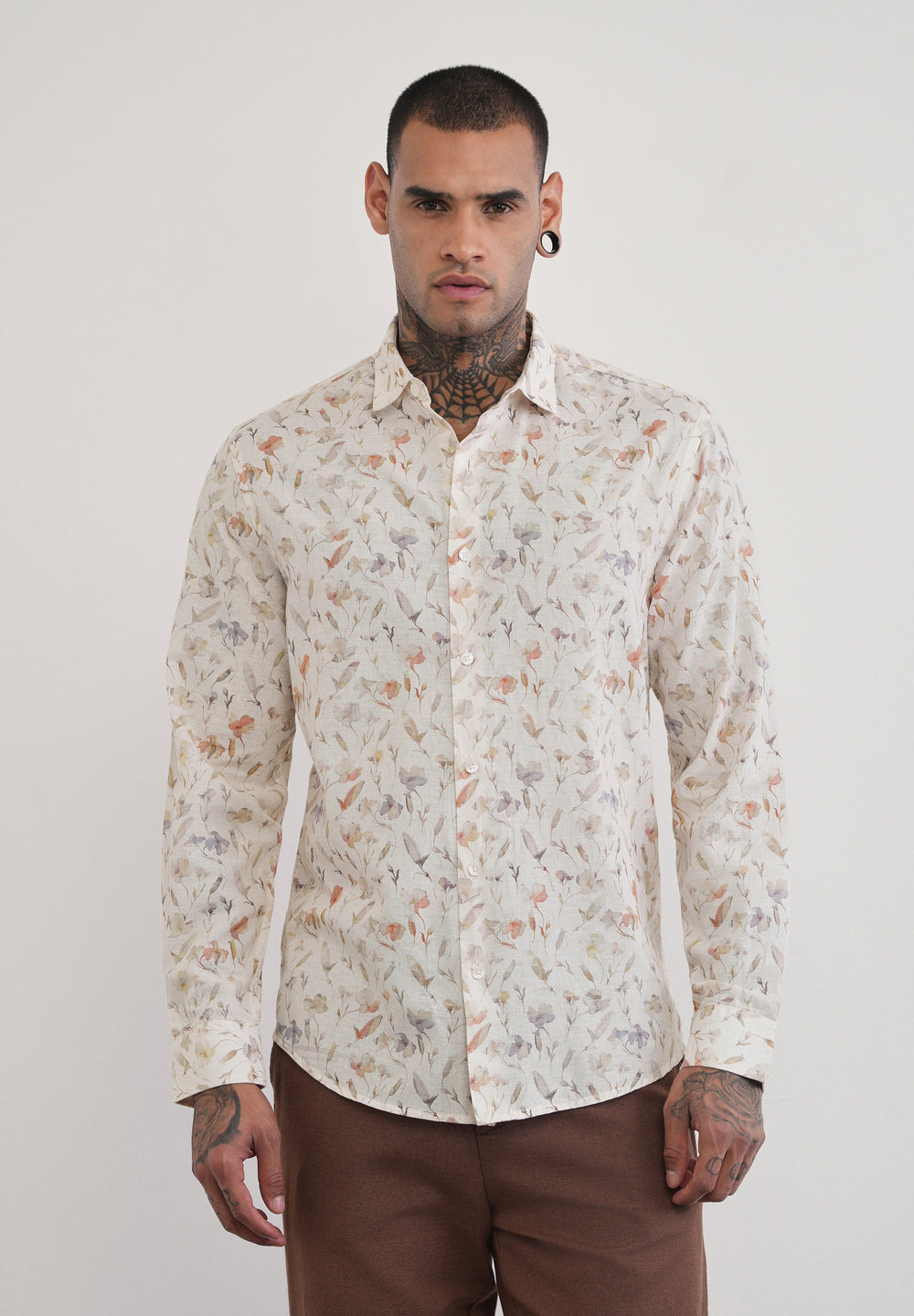 Ivory Botanical Print Cotton Linen Shirt